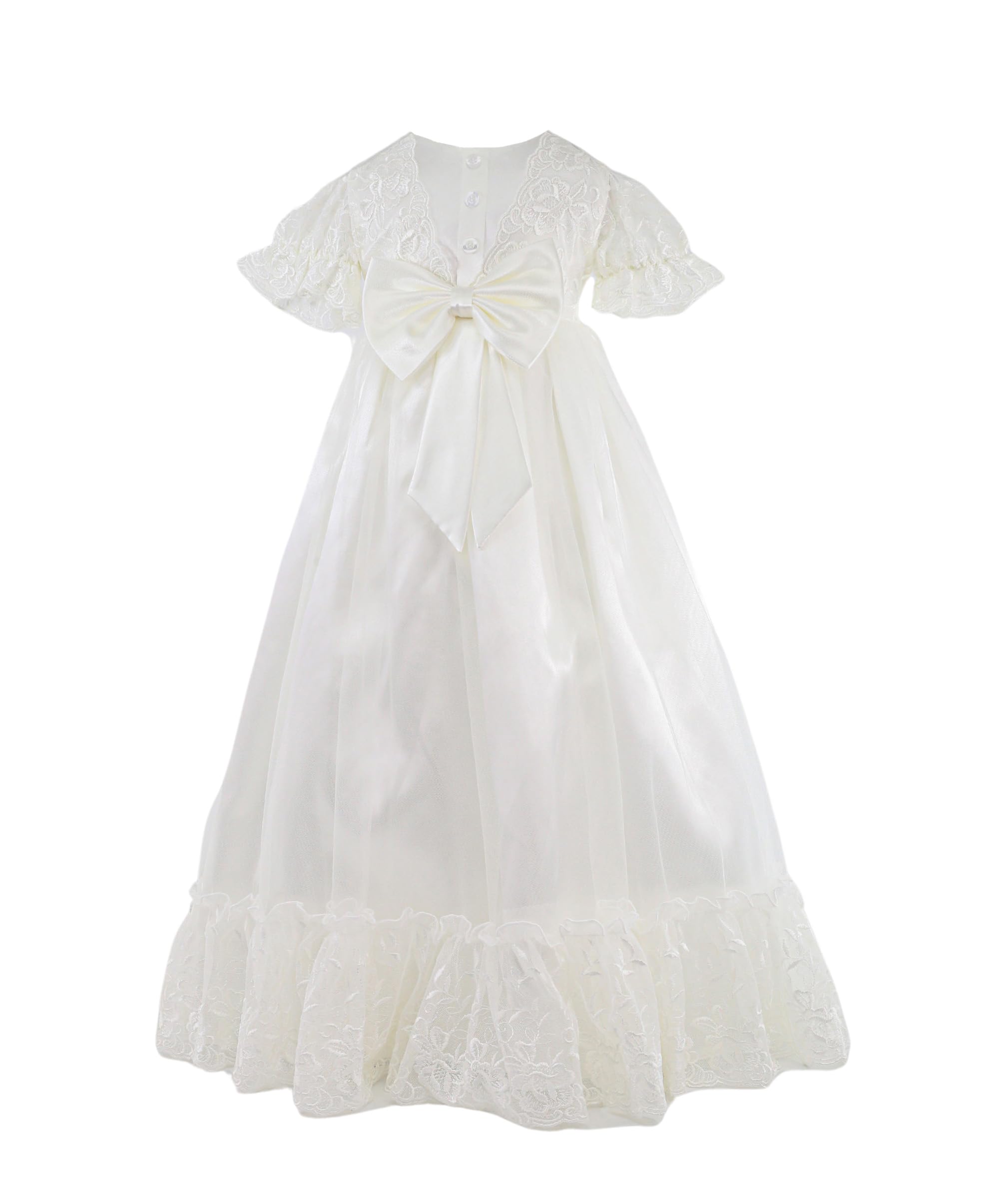 SIRRI Vestido de Bautizo para niña, Color Marfil, Encaje, Lazo de satén, Largo Tradicional.