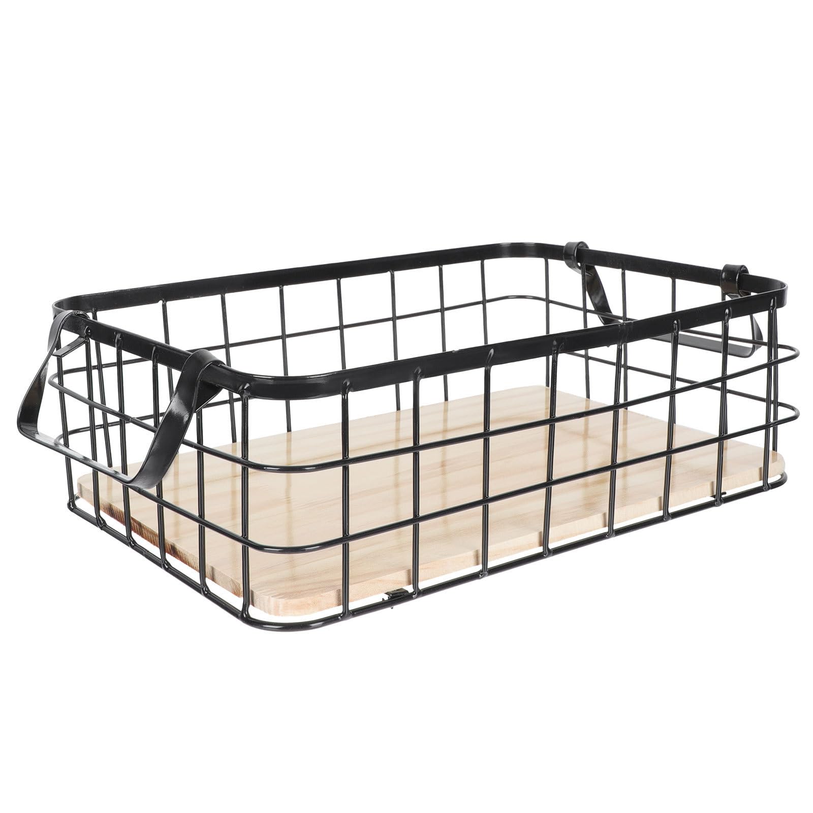 Hemobllo Schwarzer Aufbewahrungskorb aus Eisen mit Holzsockel Kleiner Rechteckiger Küchenkorb 32x22x11cm für Obst und Snacks Multifunktionaler Haushalts Organizer mit Tragegriffen