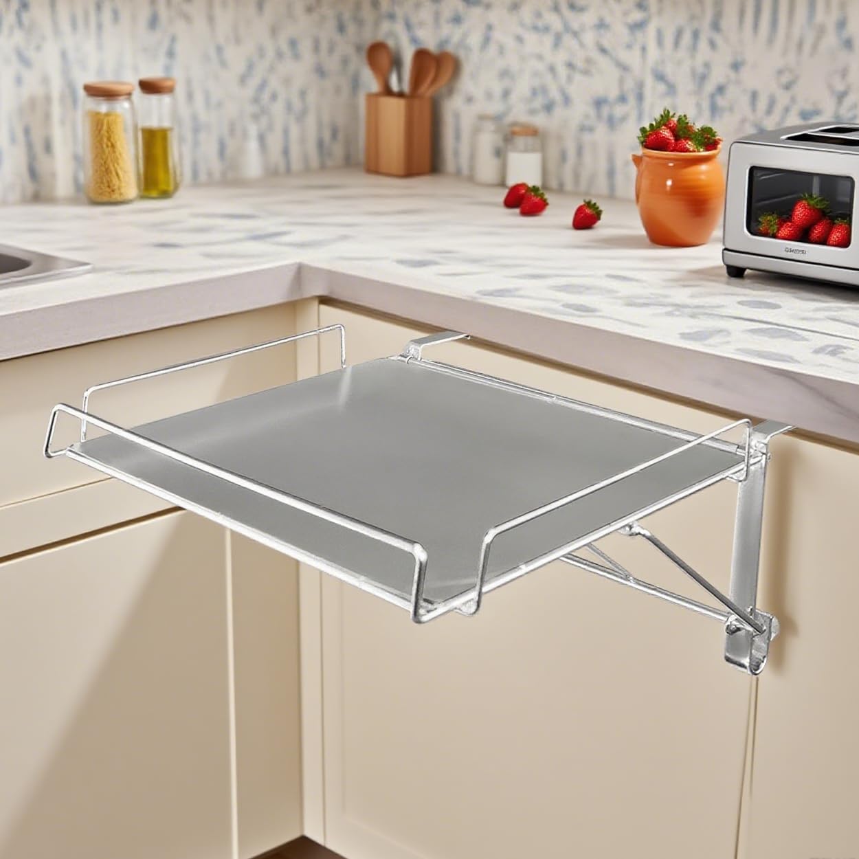 Foldable Kitchen Cabinet Door Organizer Shelf & Countertop Extension, No Drilling Installation Metal Storage Rack and Counter Extender (Black)