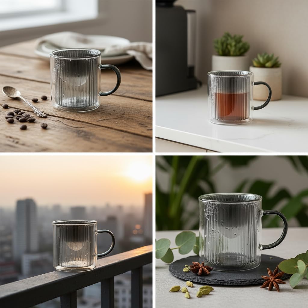 Deconox 250 ml Çift Cidarlı Borosilikat Cam Kupa - Antrasit Detaylı, Dikey Çizgili Isıya Dayanıklı Kahve ve Çay Bardağı