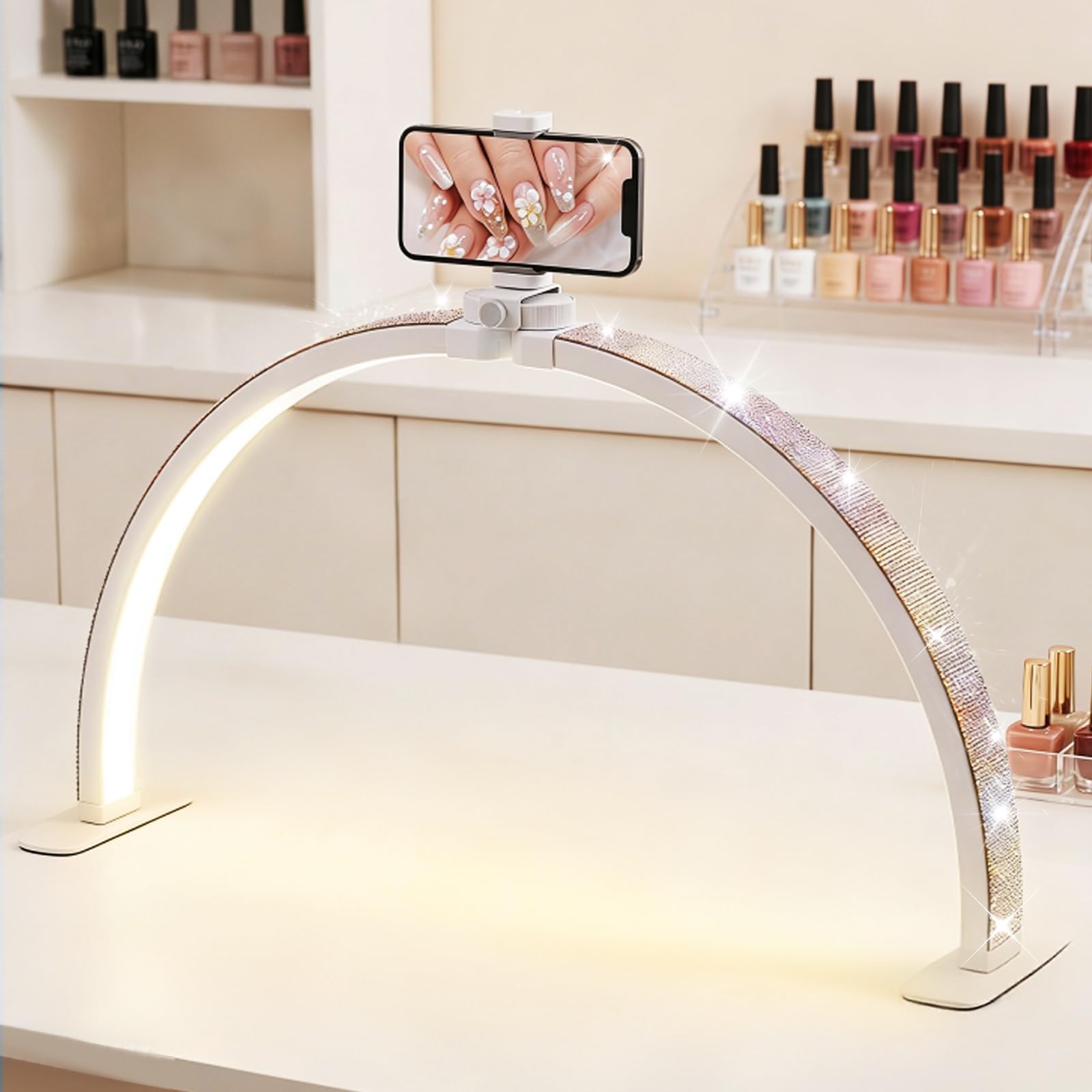 Half Moon Light for Nail Desk,28" Foldable Arch Light with Phone Holder,LED Desk Lamp for Manicure Art with 3 Color Modes 10 Brightness Adjustable for Lash Eyelash Extension,Nail,Tattoo,Eyebrow