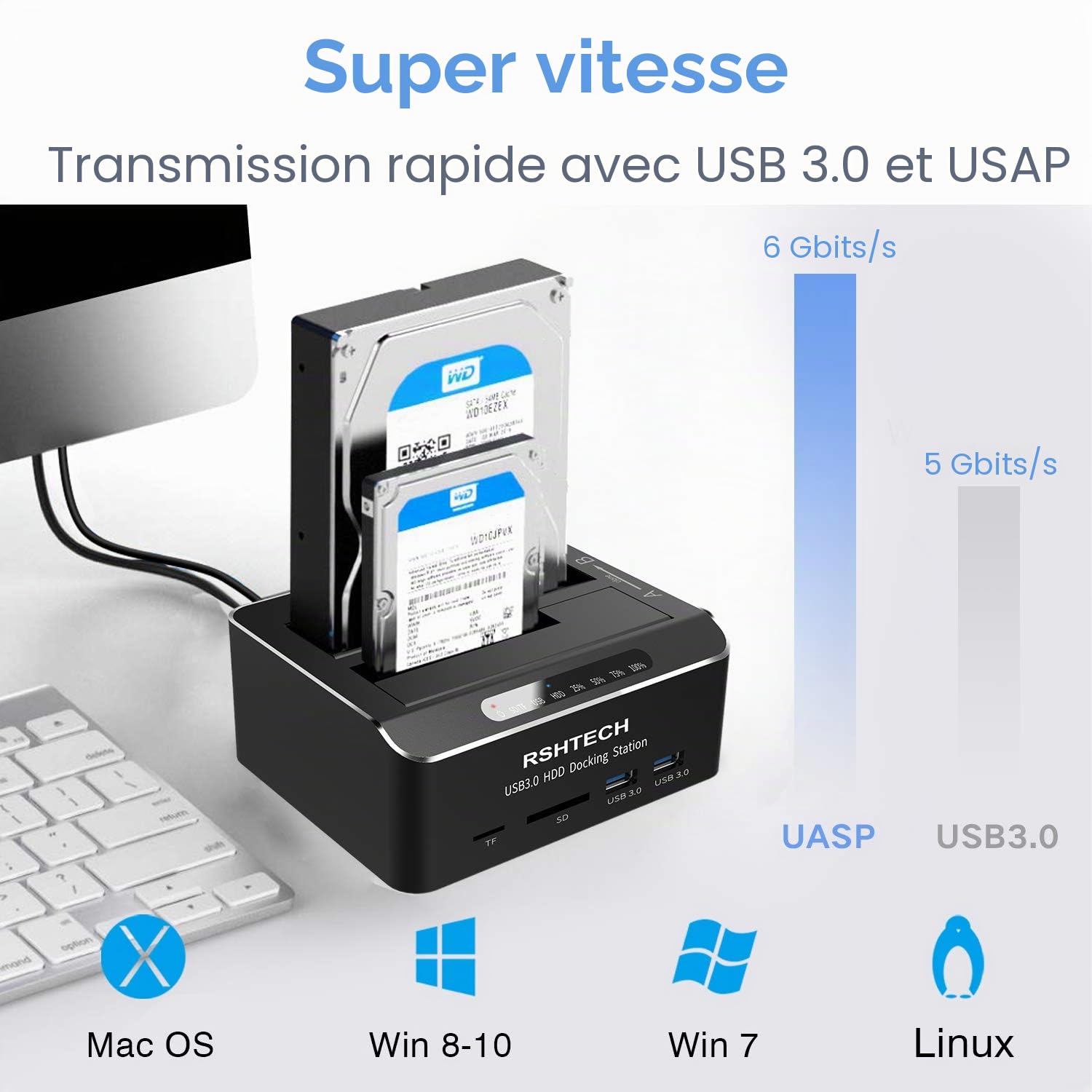 RSHTECH Aluminium Stations d'accueil USB 3.0 Double Baie, Dock Disque pour Disque Dur 2,5"/3,5" SATA HDD SSD, Fonction Clonage Hors Ligne Prend en Charge UASP et 2 x 16 TB, 6 Gbit/s, SD/TF, RSH-DS02