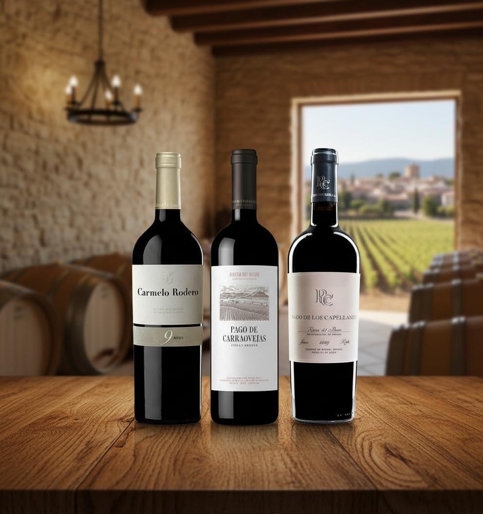 Pack Vinos Ribera del Duero - Envio 24h - Vinos Regalo - 3 x Botella 75 cl - Carmelo Rodero 9 Meses, Pago de Carraovejas, Pago de los Capellanes Roble - Mejor Seleccion ENOVINOS THE WINE BRAND