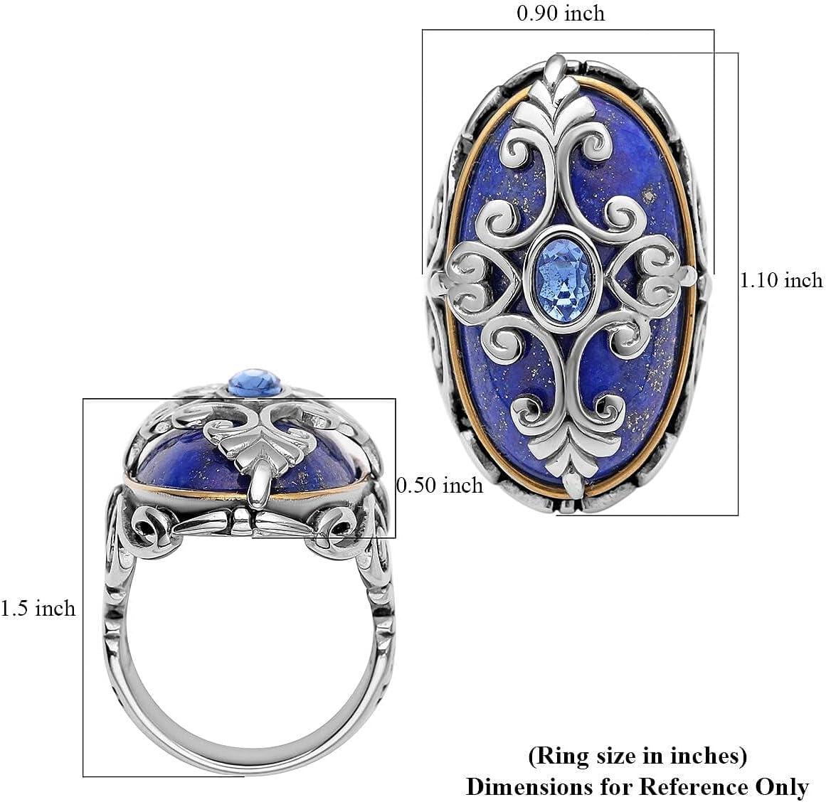 Blue Lapis Lazuli Ring for Women - Cocktail Statement Birthstone Rings for Women Black Oxidized ION Plated Yellow Gold - Promise Gemstone Jewelry Stainless Steel Engagement Christmas Gifts