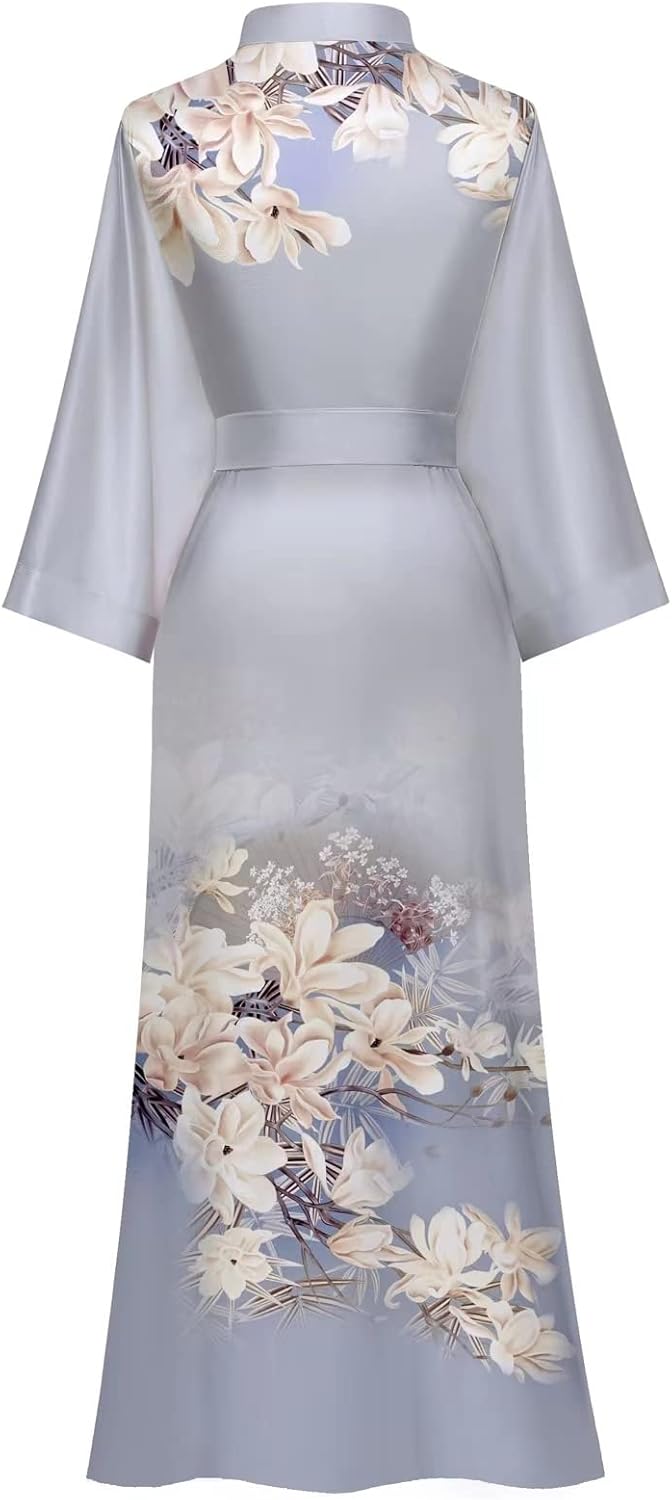 Women's Long Kimono Robe Floral Silk Robe Satin Silky Bathrobe Sleepwear Bridesmaid Wedding Robes - Image 2