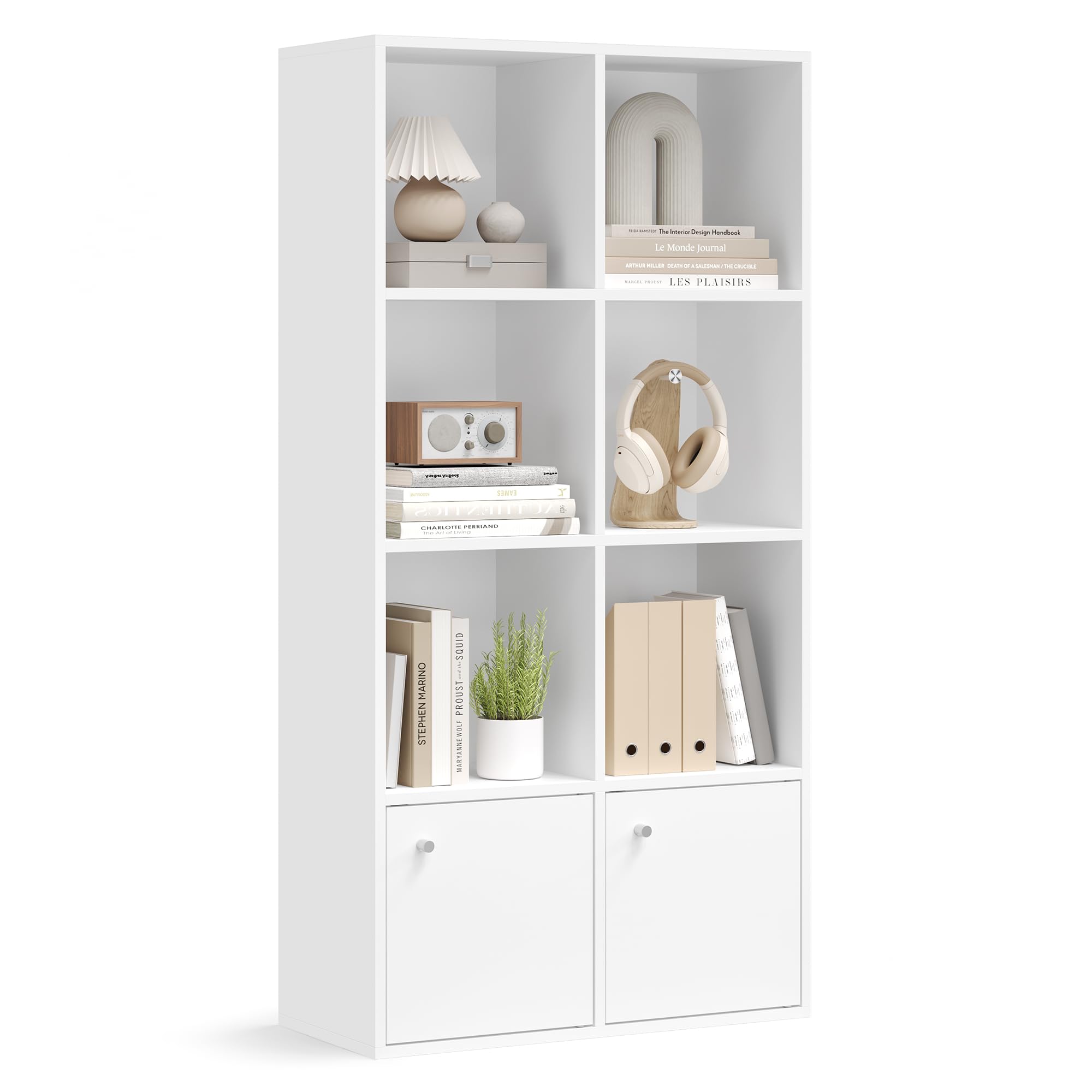 VASAGLE Custos Kollektion - Bücherregal, 4-stöckiges Regal, offenes Aufbewahrungsregal, Standregal, 29 x 65,8 x 130 cm, 2 Fächer mit Türen, Wohnzimmer Homeoffice Esszimmer, wolkenweiß LBC508WB01