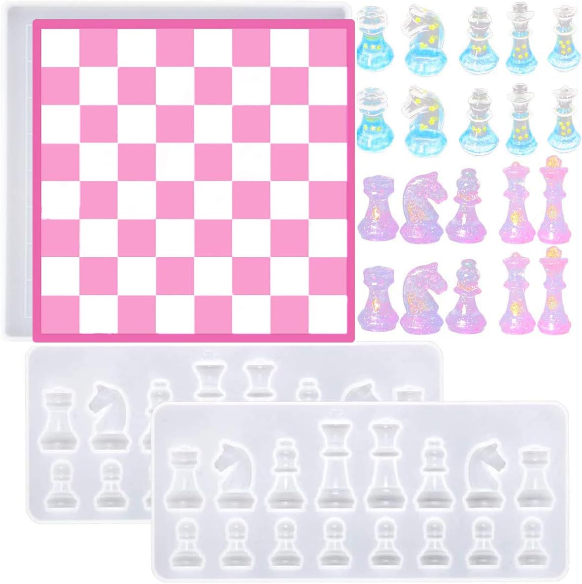 2pcs Chess Resin Mold and 1pc Chess Board Resin Mold - Buytra 3D International Chess Piece Silicone Mold, Epoxy Checkers Chess Board Mold for Resin Casting, DIY Jewelry Making Crafts