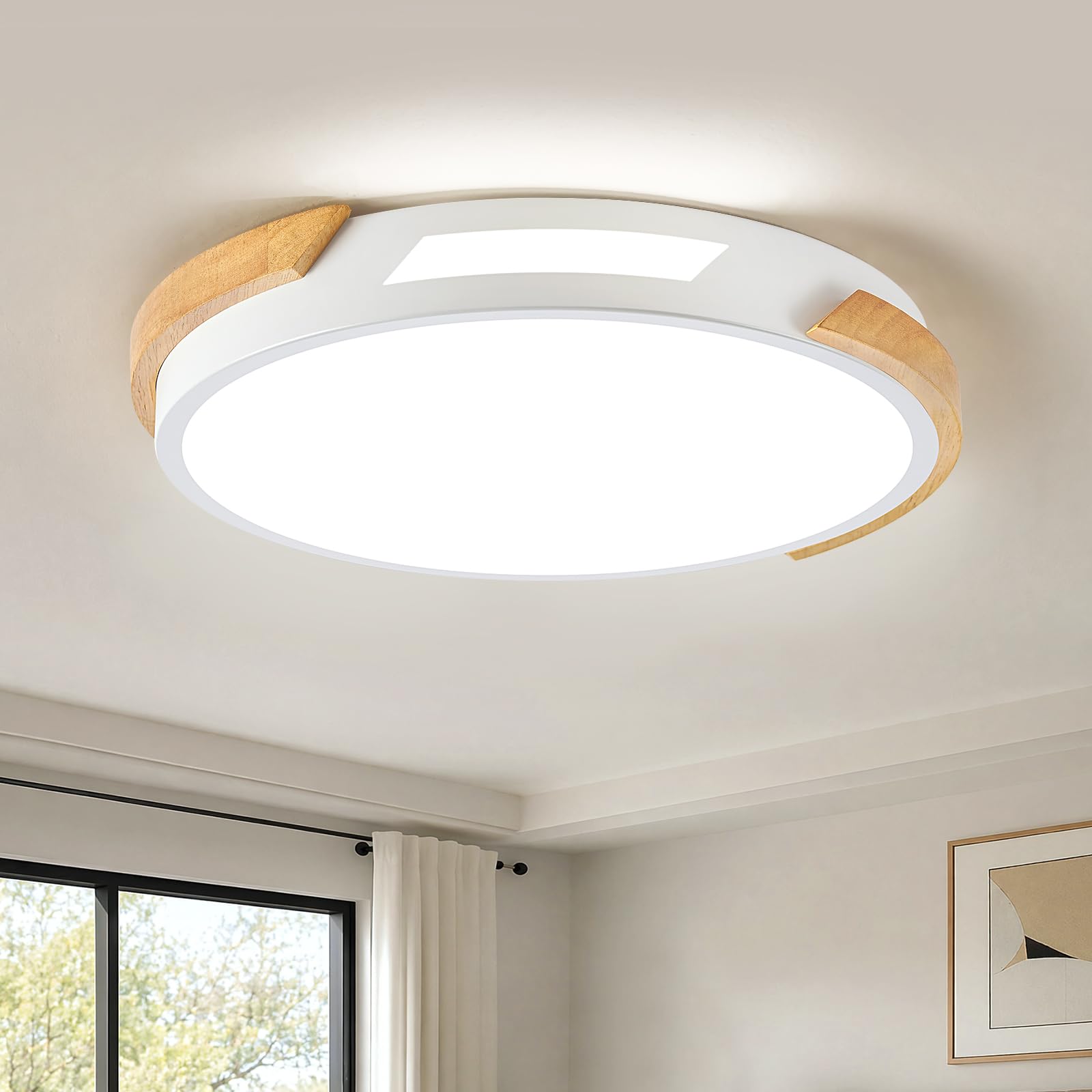 Modern LED Ceiling Light, Wood Dimmable Flush Mount Ceiling Light Fixture