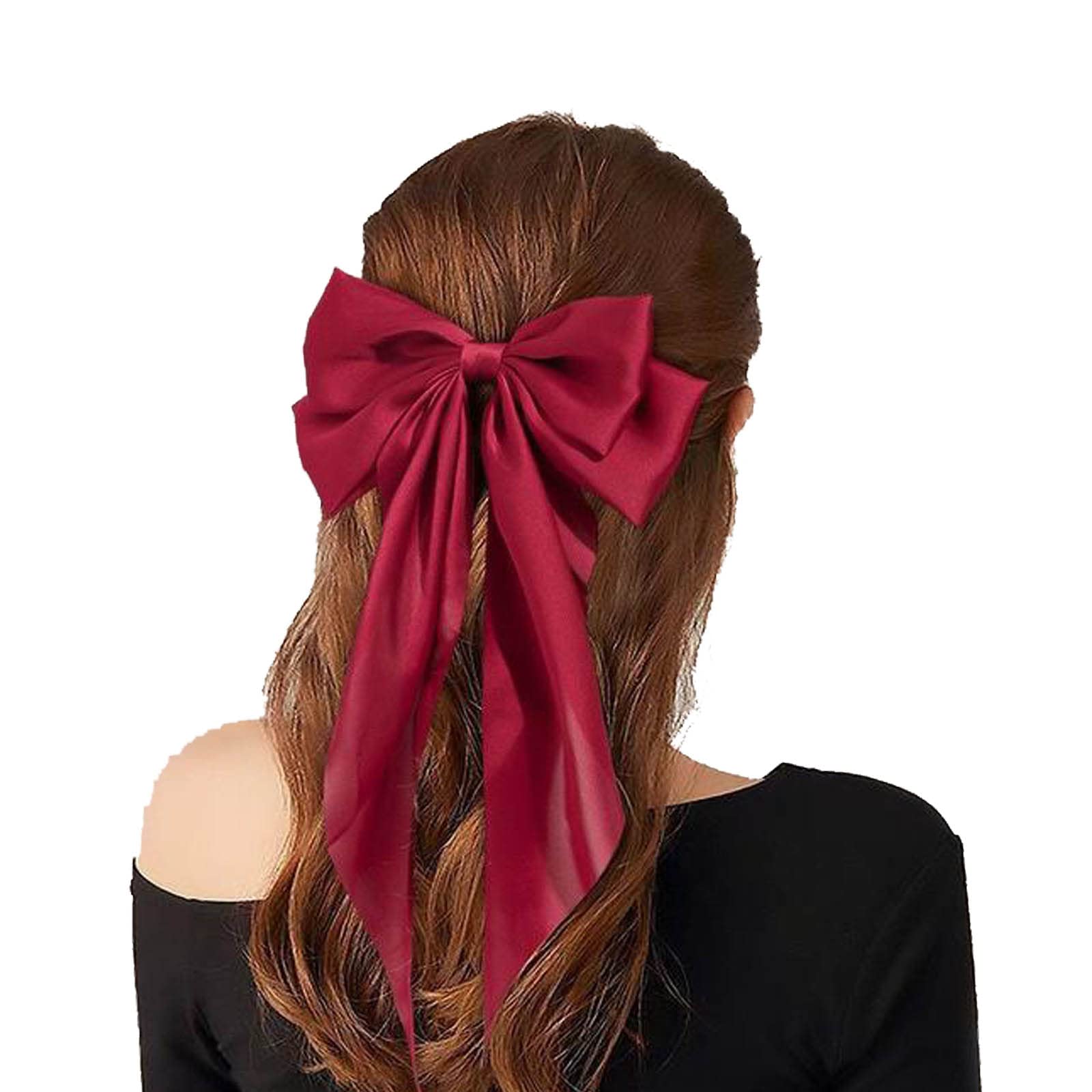 Golden Apple 2Pcs Super Big Bow Hair Clips French Style Soild Color Knotted Bowknot Spring Snap Barrettes Hair Clips with Long Ribbon for Women Girls (WineRed+Black) - Image 2