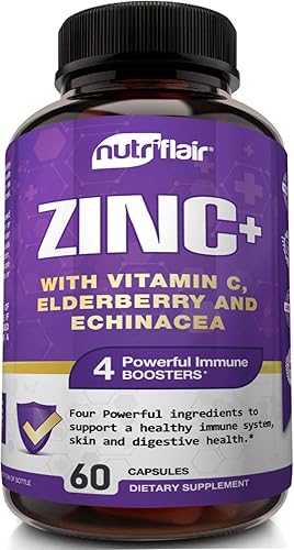 NutriFlair Zinc 50mg - con vitamina C, saúco, extracto de equinácea purpura, óxido de zinc - Comparar con picolinato, citrato, óxido - píldoras