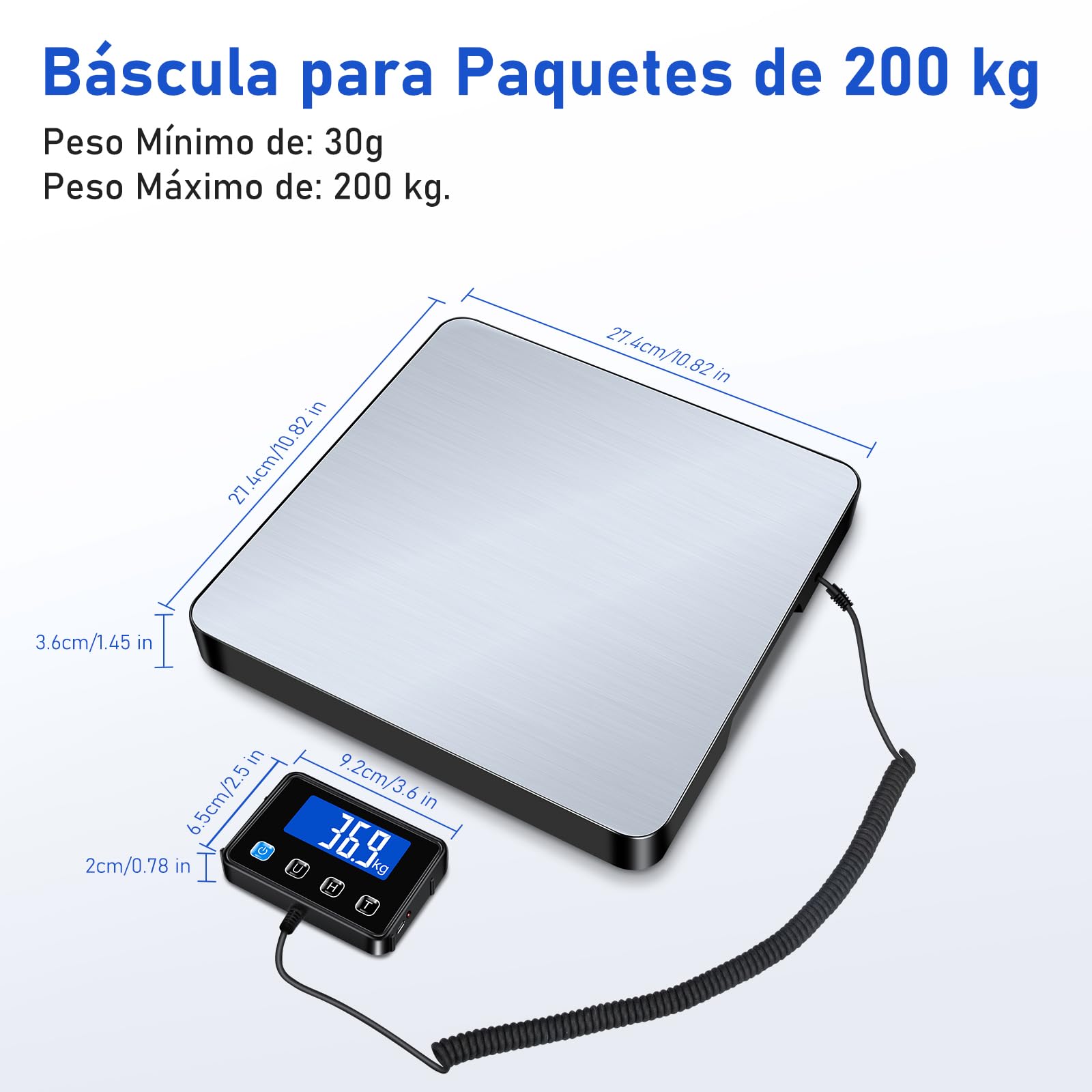 Bascula Industrial, 200 kg / 10 g Bascula Maletas Viaje con Función de Hold/Tara, Báscula con Pantalla LCD para Paquetes, Equipaje y Almacén, Incluye 2 Baterías AAA y Cable de Carga
