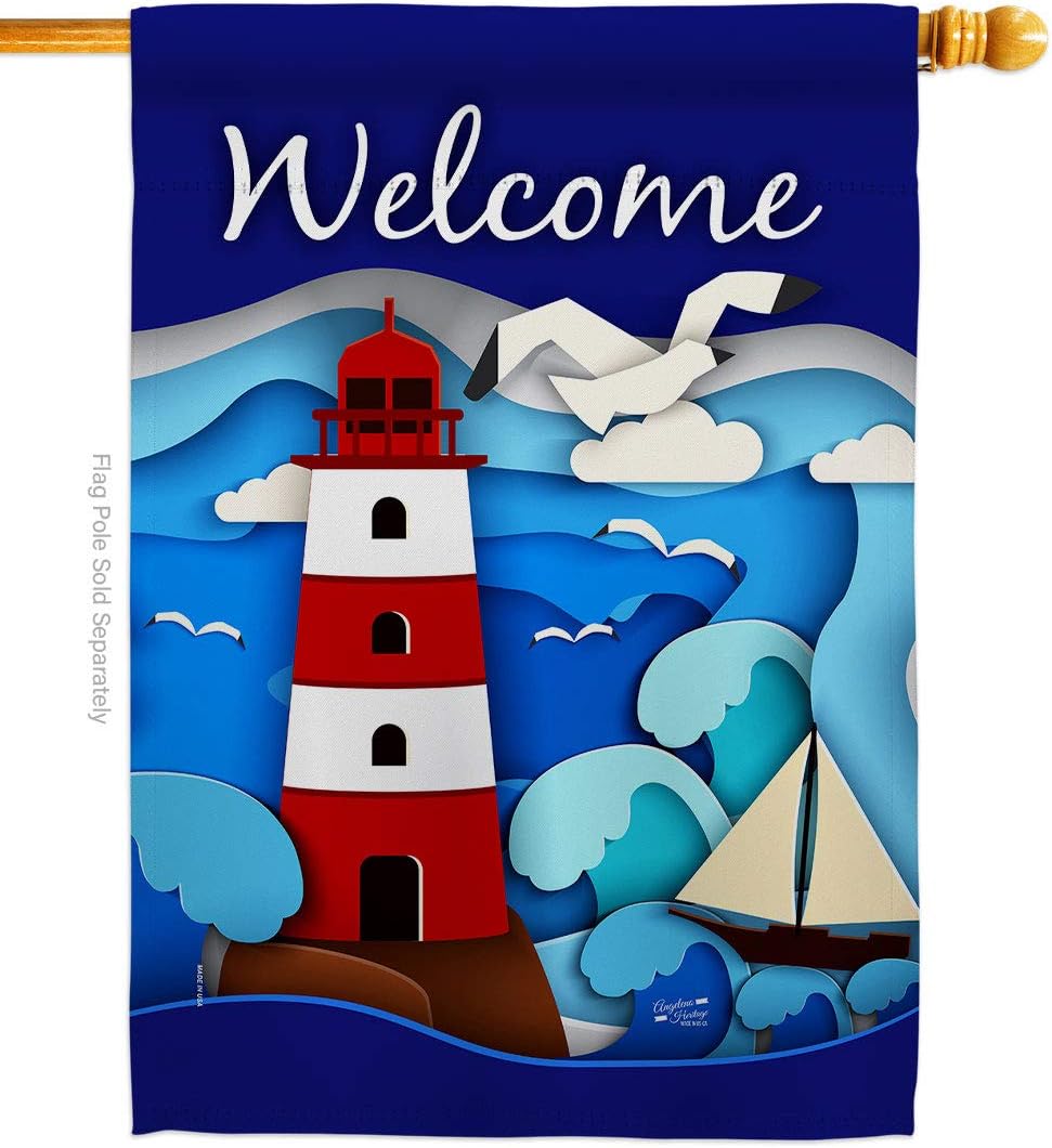 Welcome Red Lighthouse House Flag Coastal Nautical Anchor Sailor Sea Shells Outdoor Summer Ocean Small Decorative Gift Yard Banner Made In USA 28 X 40