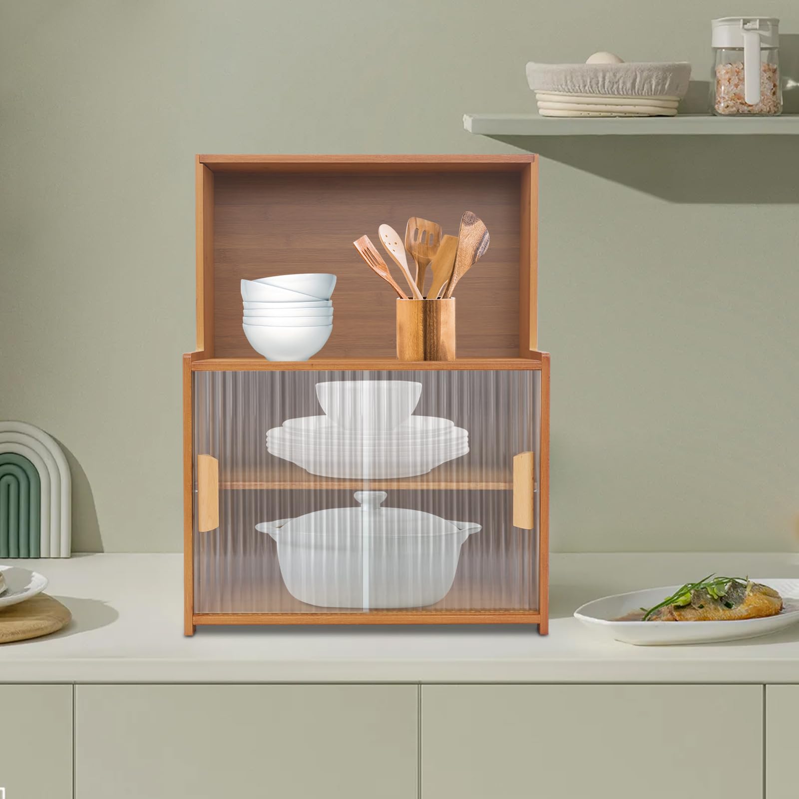 Armoire de rangement, petit buffet de cuisine en bambou pour plan de travail, armoire de cuisine avec porte coulissante et poignée pour pots à épices, ustensiles de cuisine et accessoires