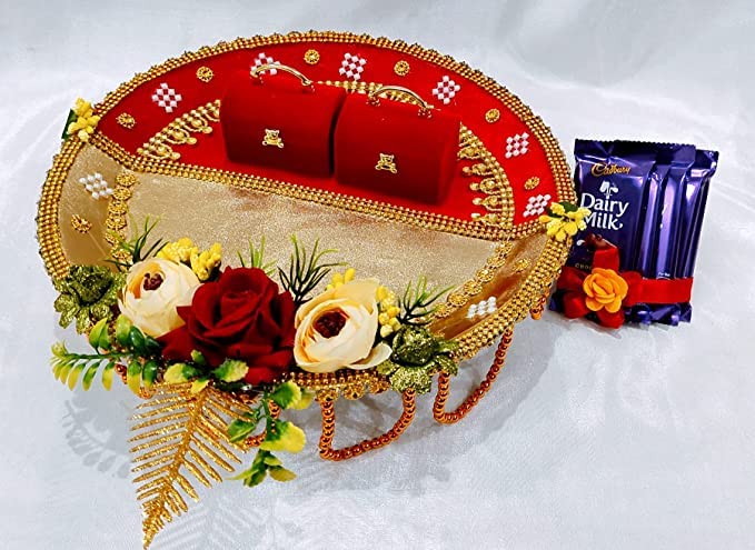 Unique Palette Wood Personalized Round Shape Engagement Wedding Ring Platter | Wedding Ring Platter | Marriage Décor | Engagement Tray (Golden Platter) (B0B1VB76G1) Amazon Price History, Amazon Price Tracker