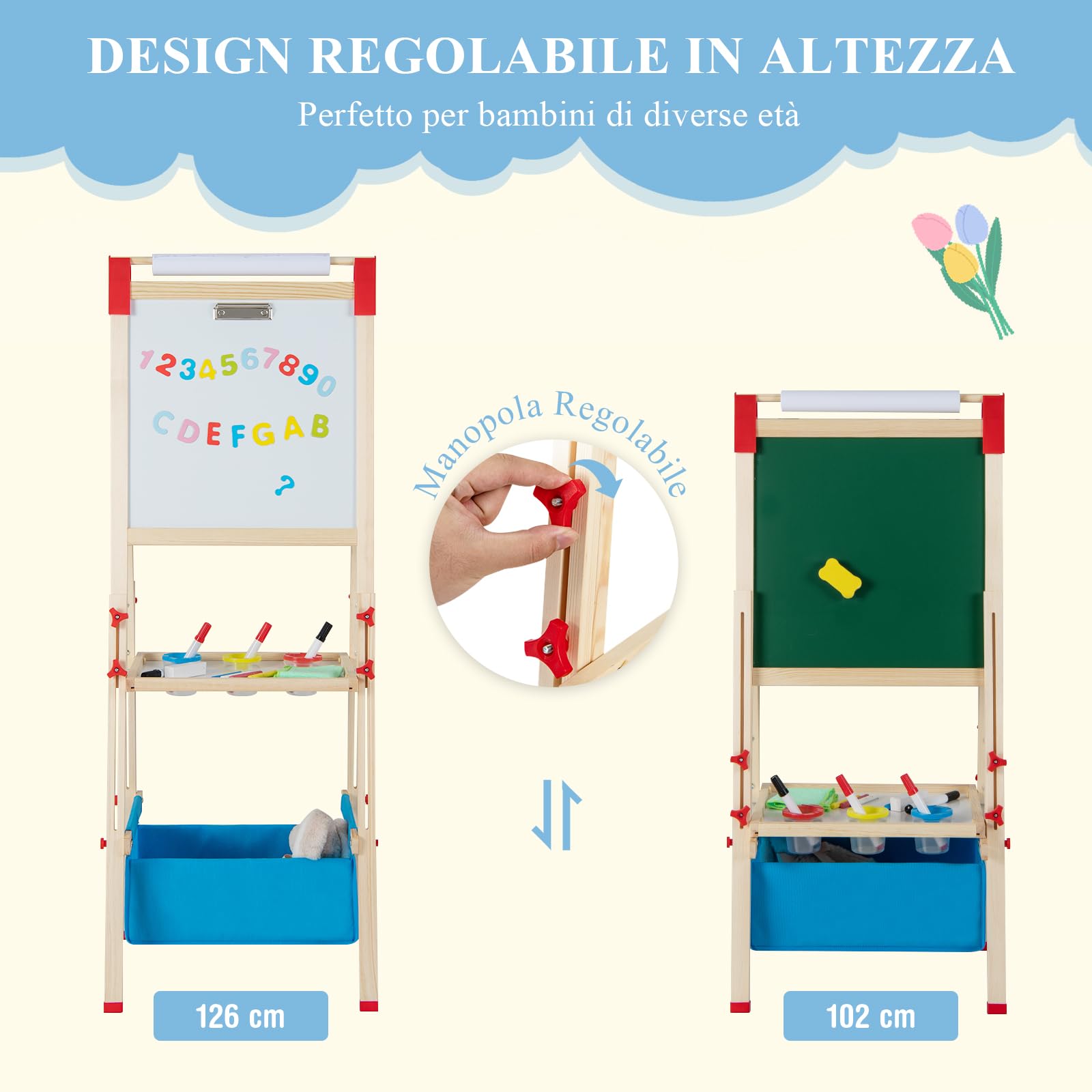 GYMAX Cavalletto in Legno per Bambini Regolabile in Altezza, Lavagna Magnetica Bifacciale in Bianco e Nero, Magneti per Lettere e Numeri, per Bambini da 3 a 8 Anni