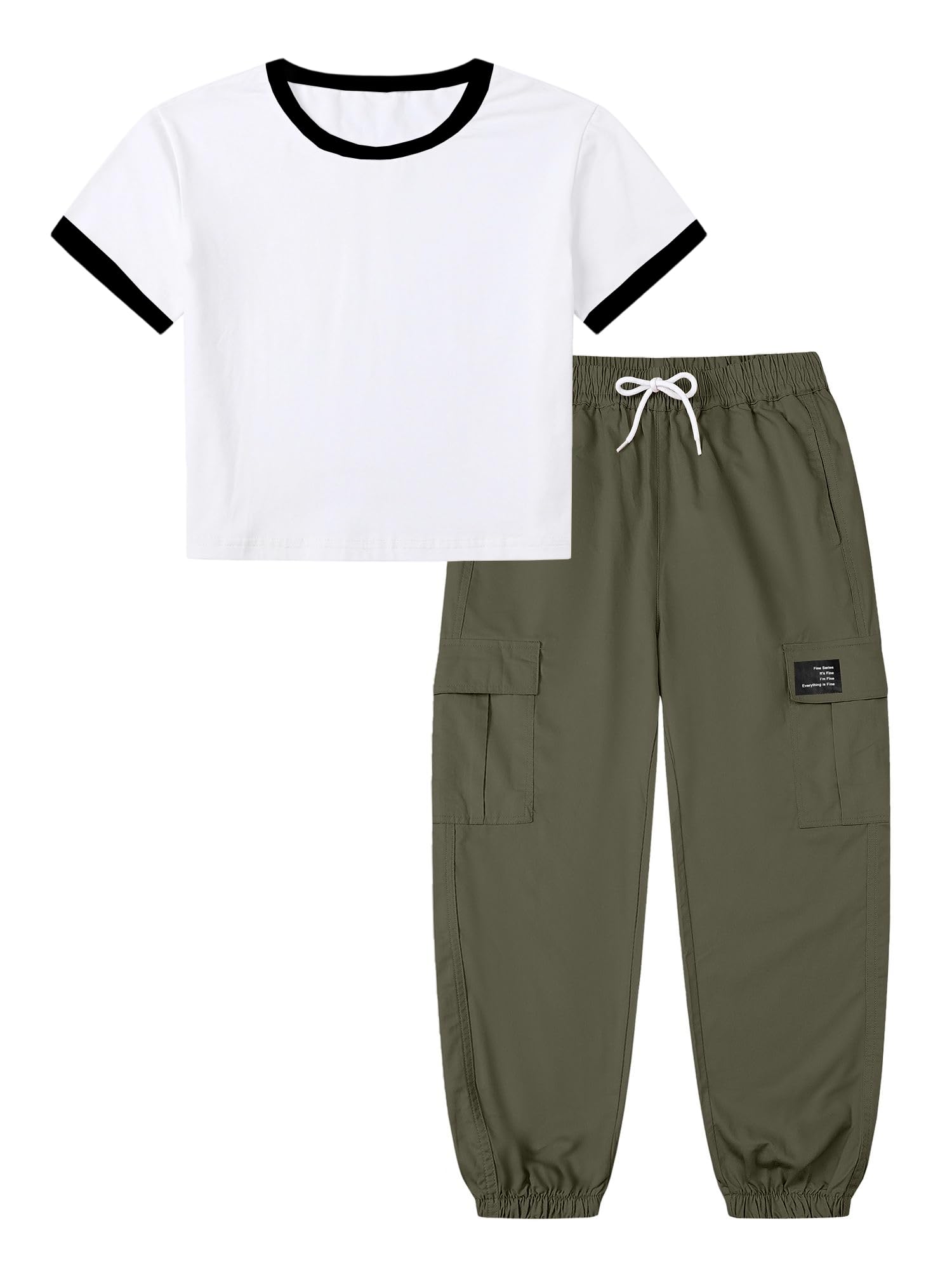Betusline Girls 2 Piece Summer Outfits,Kids Casual Short Sleeve Crop Top &amp; Cargo Jogger Pants Sets,4T-14Y