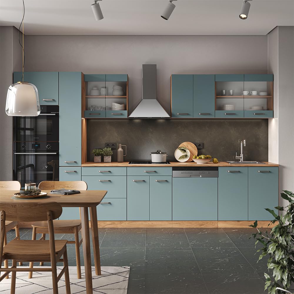 Vicco Cocina R-Line, Roble Azul-Gris-Dorado, 350 cm con Armario Alto, ET Antracita, Apto para ampliación Individual y disposición Flexible