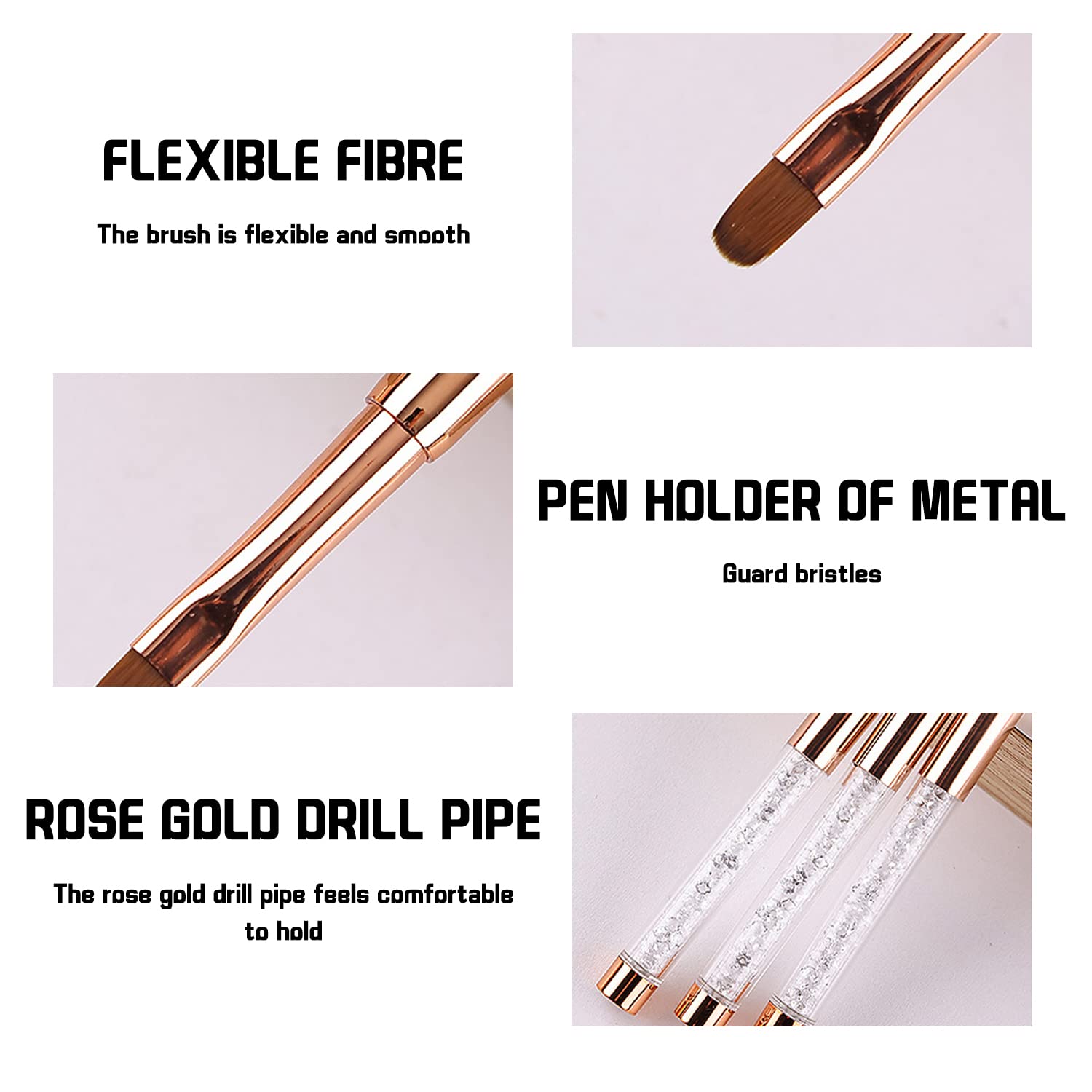 NINVVS 5pc Rose Gold Nylon Nail Art Brush Set including Storage Bag - Image 3