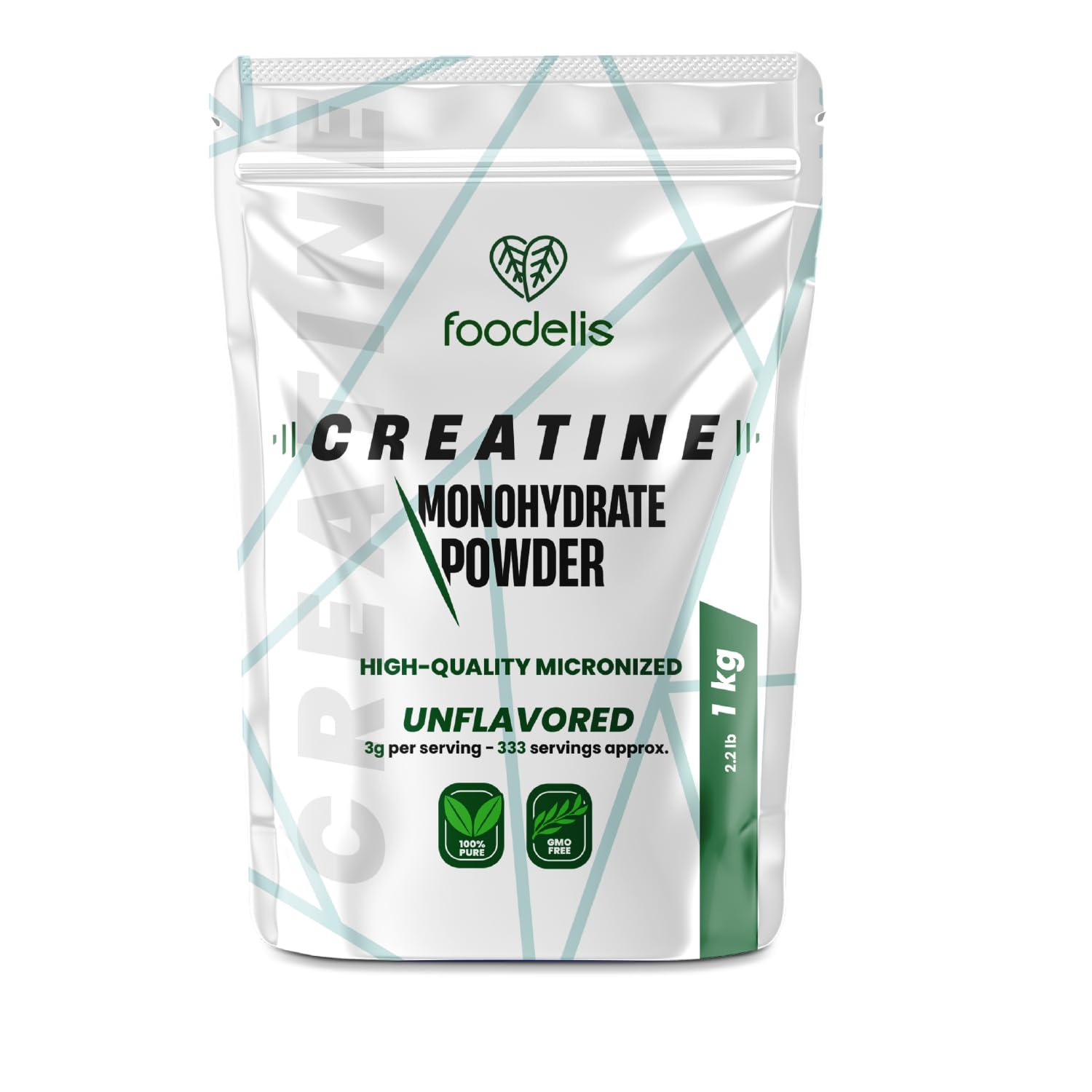 Foodelis Creatina Monoidrato Micronizzata in Polvere 1 kg – Senza Sapore – 100% Creatina Pura – Senza Additivi – Facile da Miscelare – Misurino Incluso