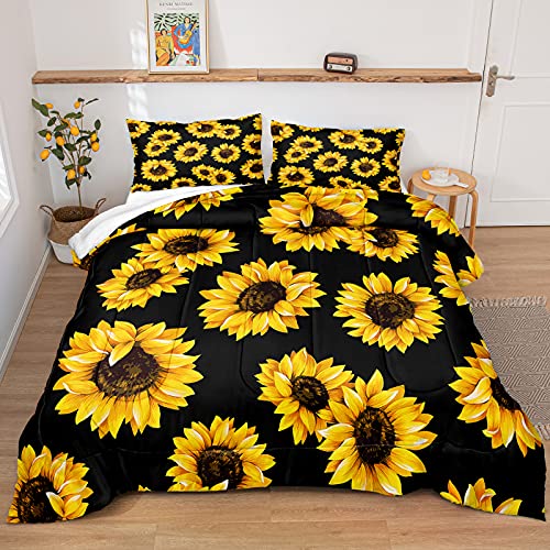 Merryword Black Sunflowers Comforter Set Black Yellow Comforter Yellow Sunflowers Printed Black Down Comforter Boys Girls Bedding Sets Queen 1 Comforter 2 Pillowcases (Queen, Black Sunflower)