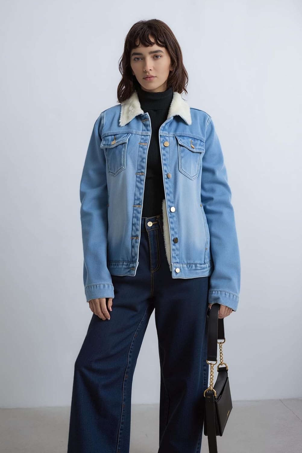 J.Corrine Women's Sherpa lined Denim Trucker Jacket Winter warm fleece faux fur collar Casual Jean Coat with 6 Pockets - Image 9