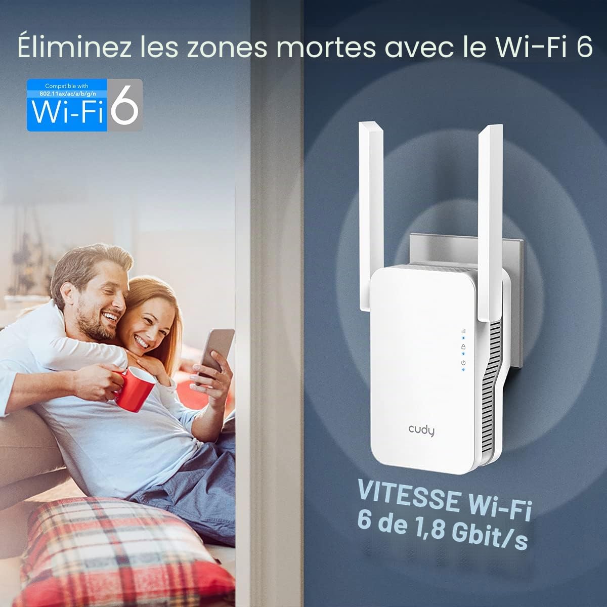 Cudy RE1800 AX1800 Gigabit Mesh Wi-FI 6 Prolongateur/Booster, Répéteur Double Bande Jusqu'à Une Vitesse de 1,8 Gbps