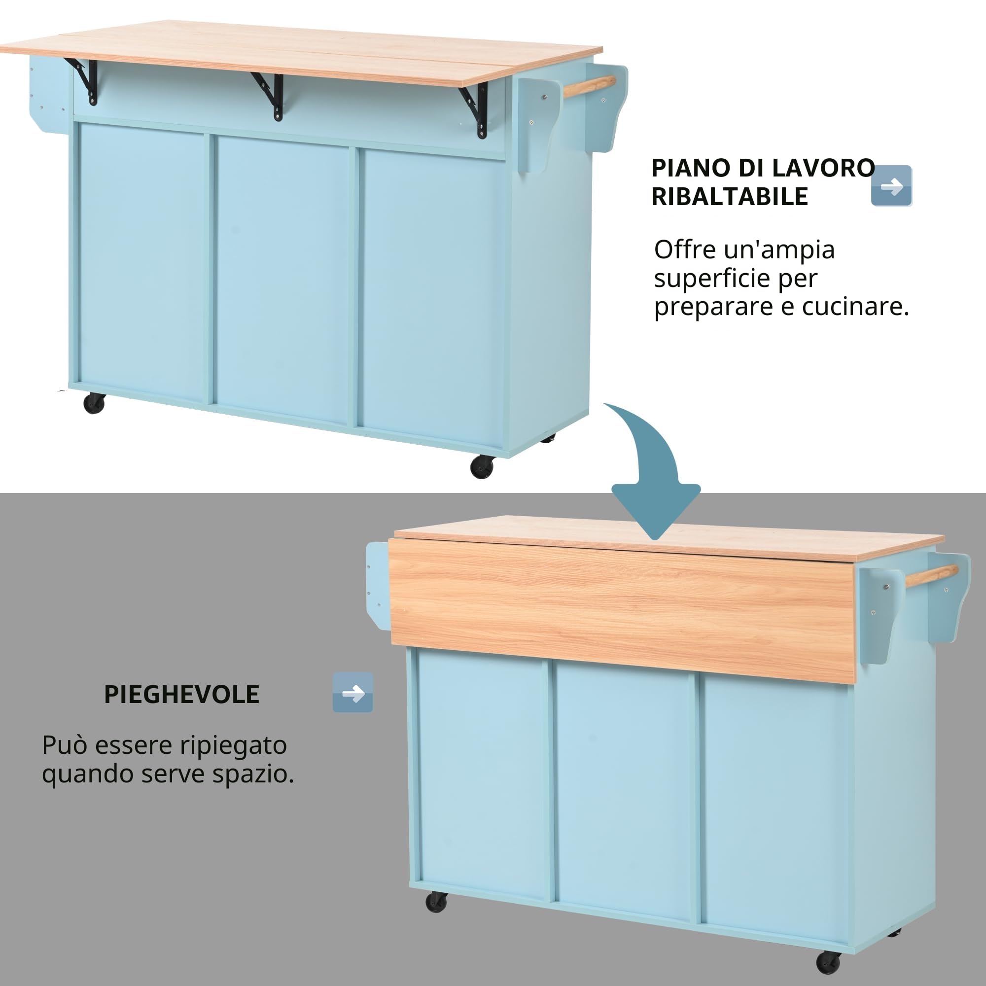 Azkoeesy Isola Cucina Mobile con Ruote e tavolo da pranzo Estensibile, 139x91,5x46(71) cm, Carrello Cucina con 3 Cassetti e 2 Ante con Ripiani per Spezie, per Sala da Pranzo e Cucina, Blu