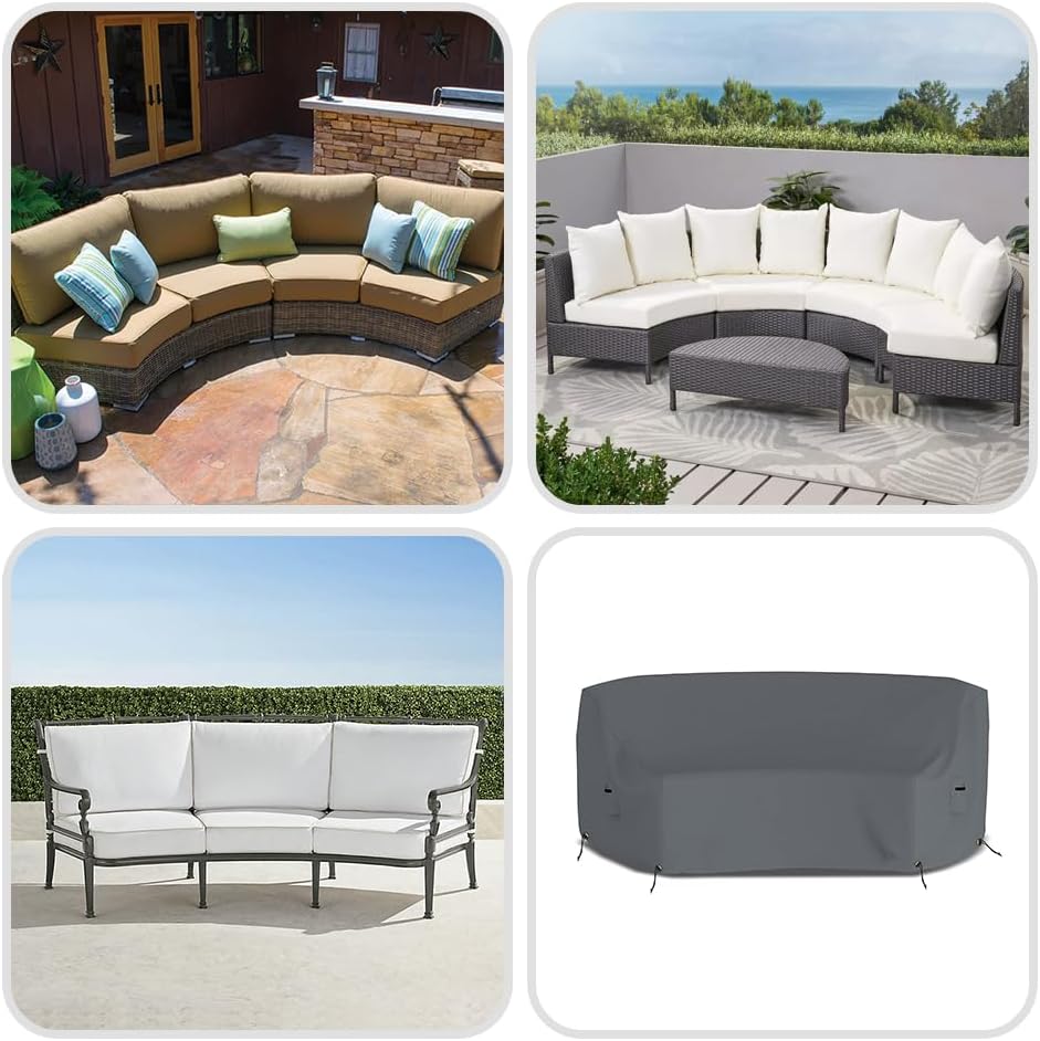 Covers & All Curved Outdoor Couch Cover, 12 Oz PVC Tear & UV Proof, Waterproof Outdoor Patio Furniture Set Cover with Air Pockets & Drawstrings (90"L x 34"W x 32"H x 46"FL, Gray)