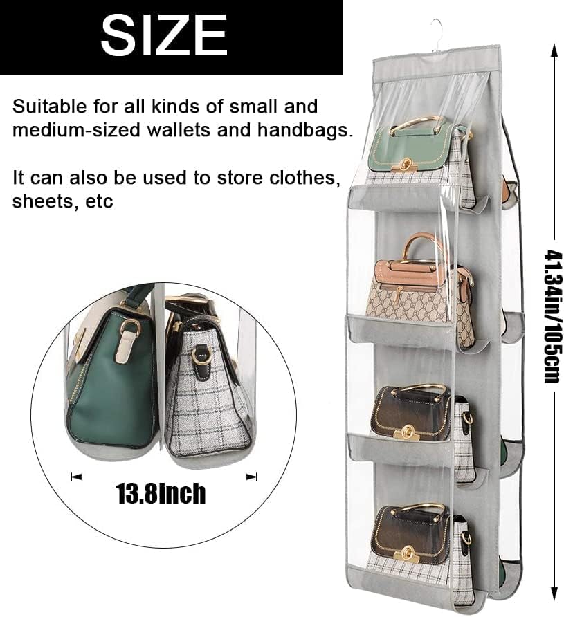 Image of Handbag Hanging Organizer for Wardrobe, 8 Pocket Purse Storage Hanger, Foldable Closet Organizer, Oxford Cloth Handbag Holder for Closet, Bedroom, Space Saving Bag Organizer (Grey)