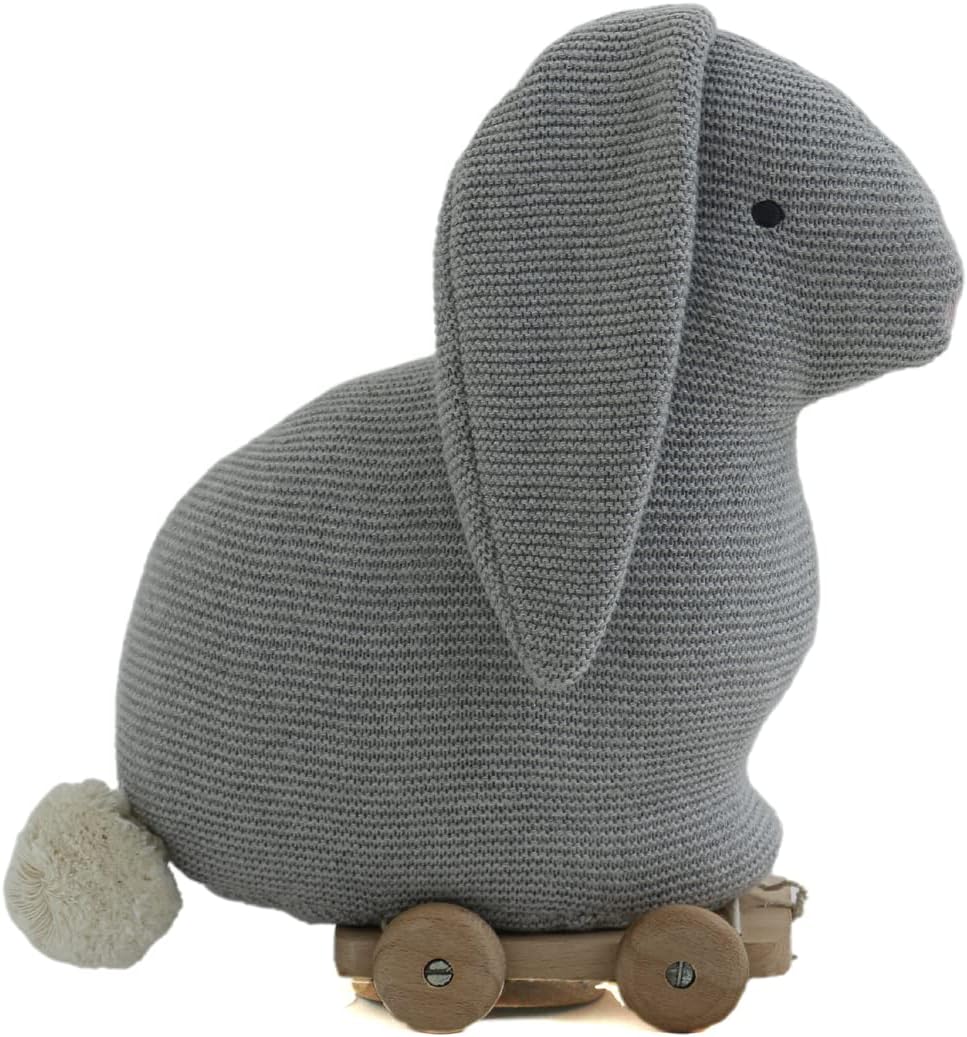 Pluchi Push & Pull Bunny Cotton Knitted Stuffed Soft Toys for Babies/Kids with Wooden Cart (Grey)