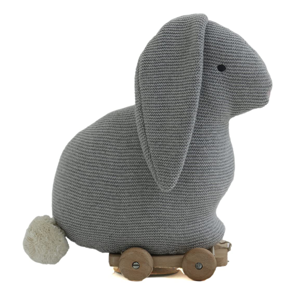 Pluchi Push & Pull Bunny Cotton Knitted Stuffed Soft Toys for Babies/Kids with Wooden Cart (Grey)