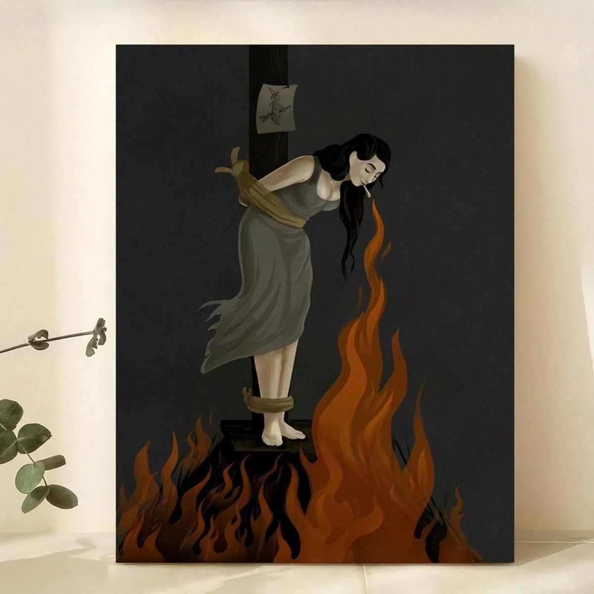Trdmcfbn Witch Wall Decor, Burned At Stake Canvas Print, Moody Spooky Retro Witch Figurative Wall Art(40x50cm/With frame)