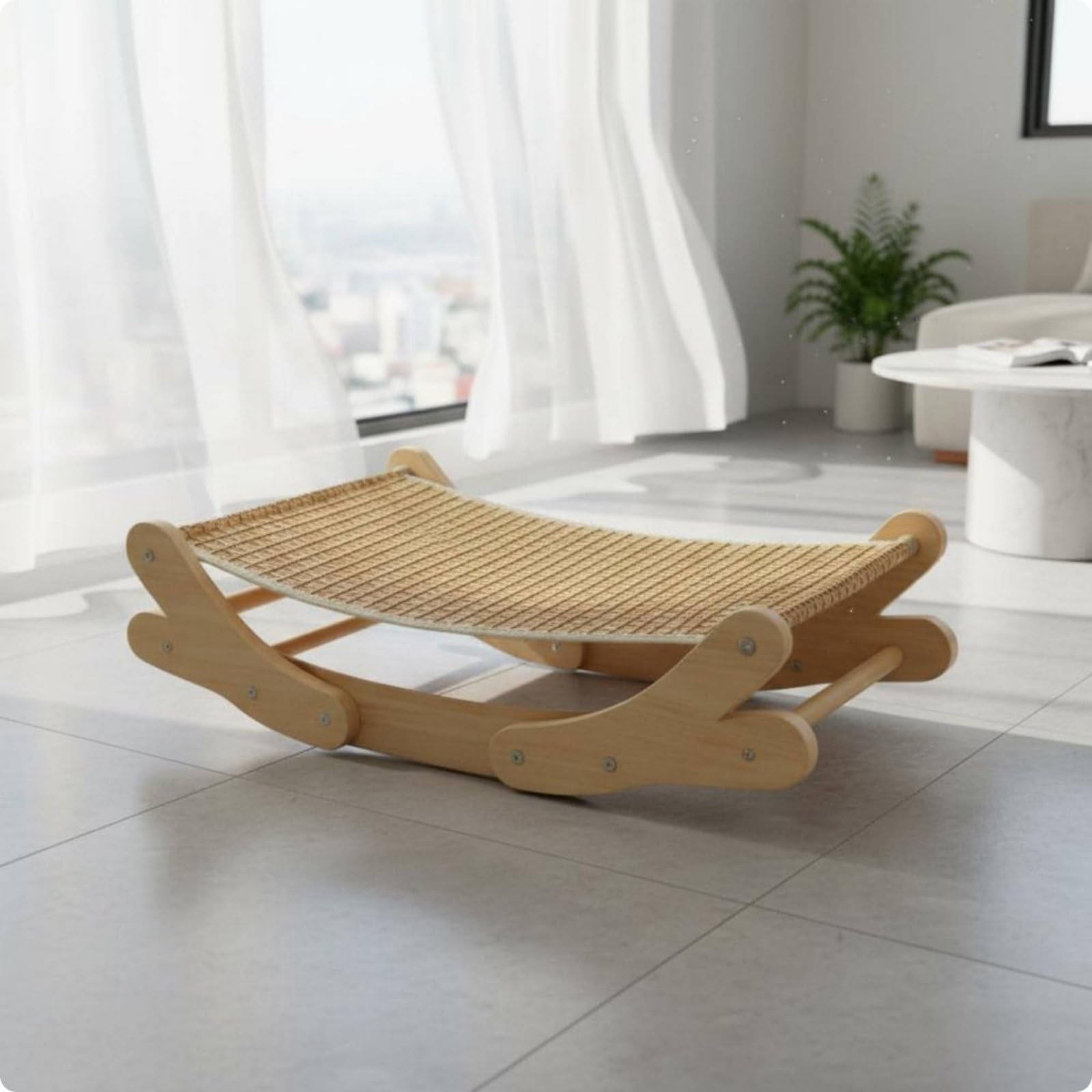 Panier Rafraîchissant pour Chat Nid Tressé Chaise Feline Hamac Courbé Support Bois Surface Respirante Fraîcheur Été, Tapis Jute+Contreplaqué