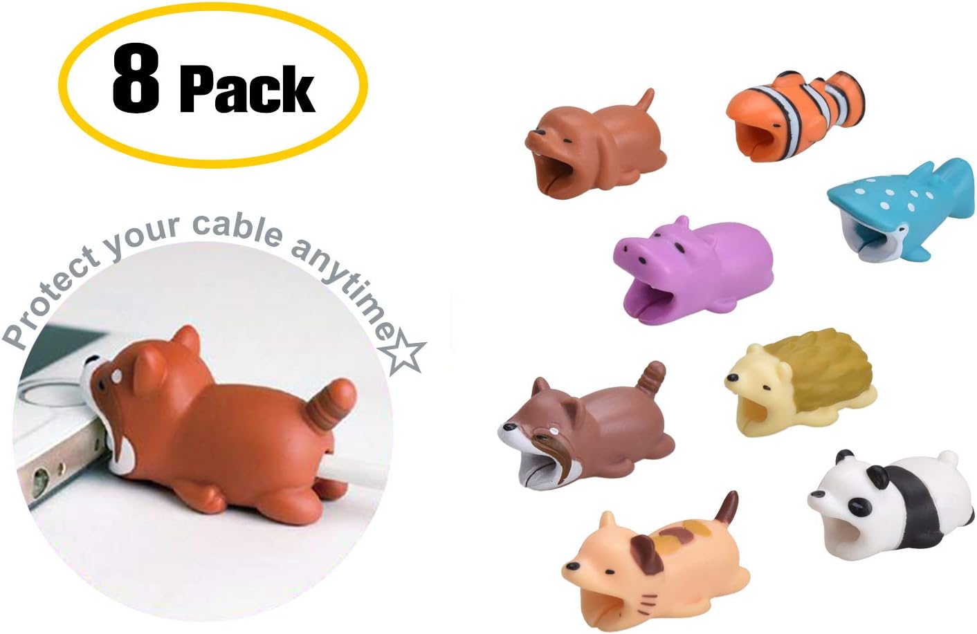 （8-Pack） Animal Bites Cable Protector Gift Set [ Cat. Clownfish, Hippo, Panda, Hedgehog, Raccoon, Orange Dog, Dot Shark] Cable Buddies for iPhone Lightning Cable