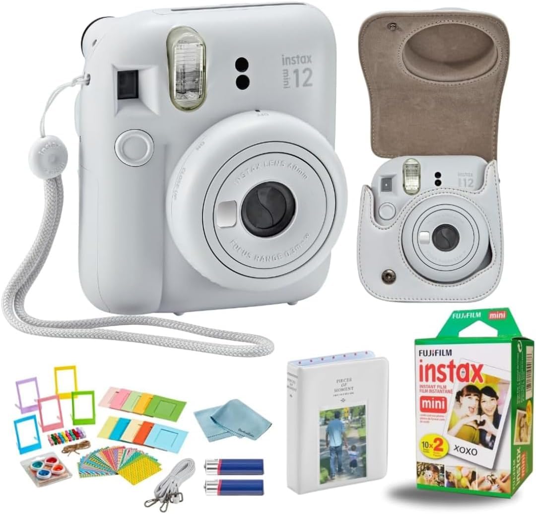 FujifilmInstant Mini 12 Camera + Accessory Bundle & Custom Case + Fuji Instant (20 Shots) Designer Mini Photo Album (60 Pockets) (Clay White)