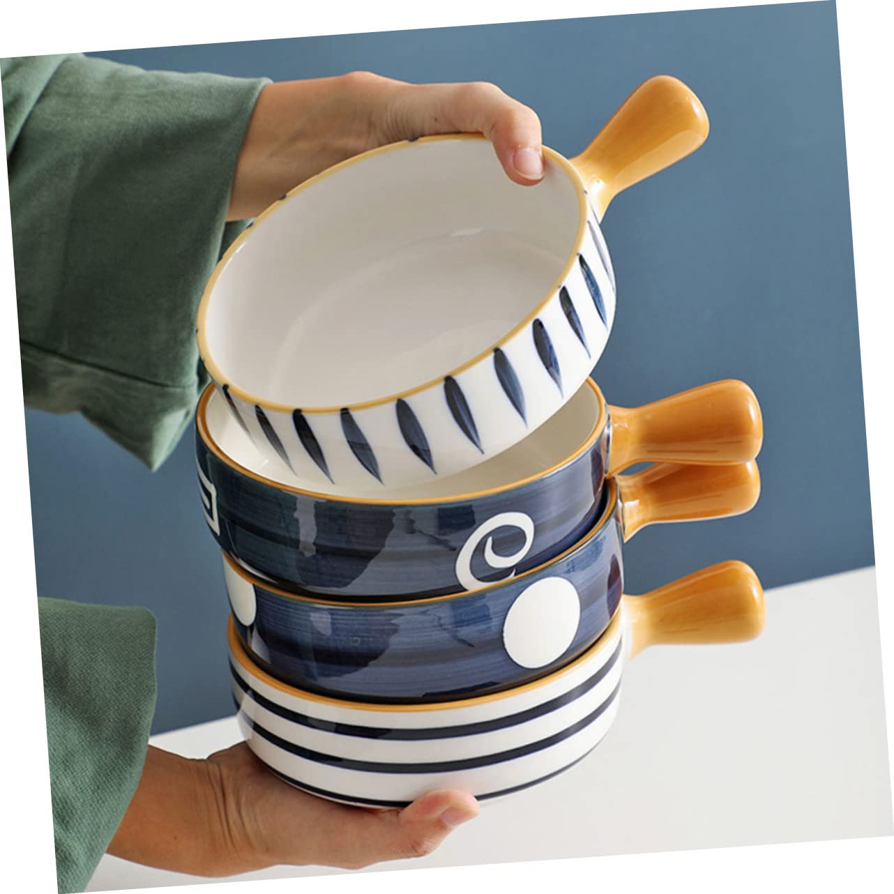 Mipcase Cuenco de Cerámica Azul Multiusos con Asa para Hornear y Servir Ensaladas en Cocina y Hogar, Tazón Redondo Resistente y Decorativo