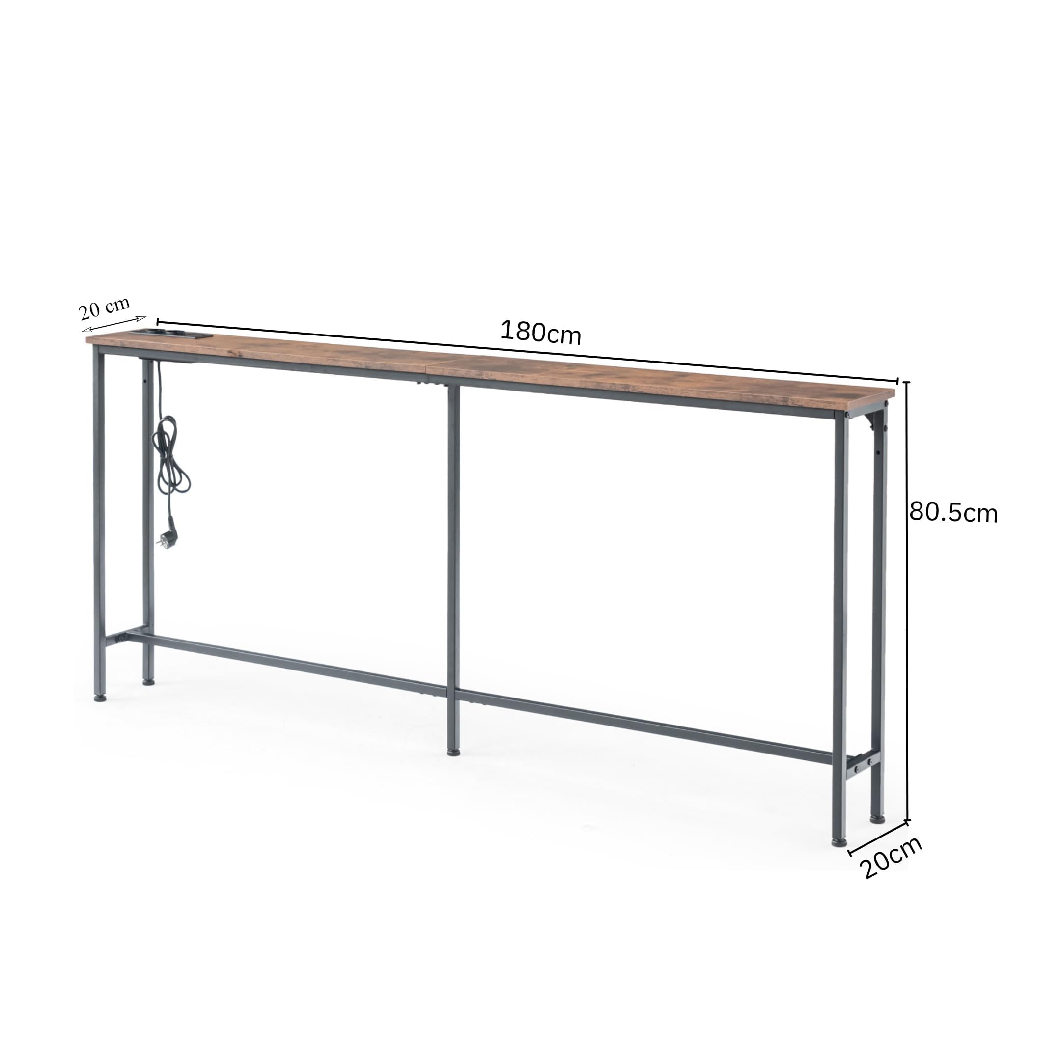 Tavolo Consolle da 180 cm con 2 Prese e 2 Porte USB, Tavolo Consolle d'Ingresso Stretto da 20 cm di Larghezza, Mobile Dietro il Divano per Soggiorno, Ingresso, Corridoio, Hall, Marrone e Nero