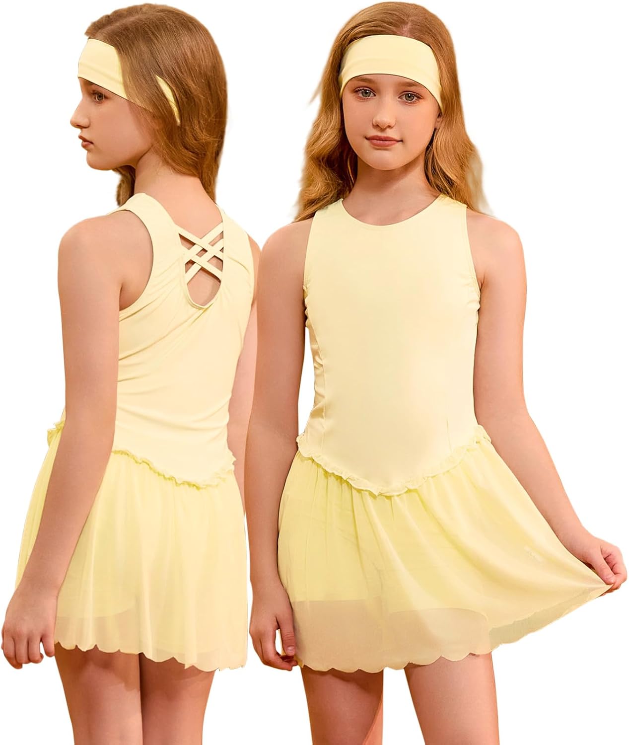 Perfashion Girls Tennis Dress Athletic Golf Outfit Ballet Cross-Back& Mesh Scalloped Hem with Built-in Shorts 4-13Y