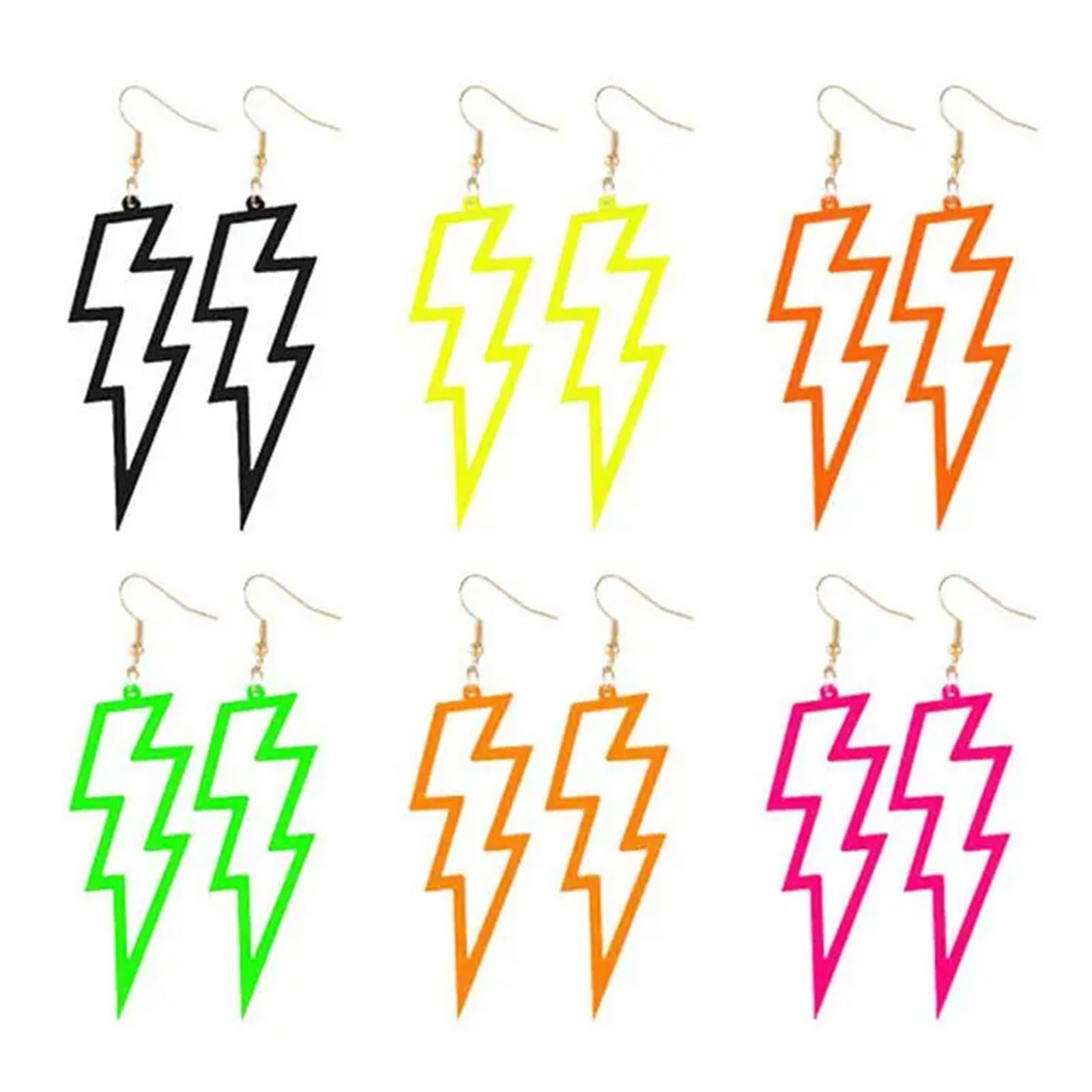 LANWLOSI6 Pairs Lightning Bolt Earrings for Women Acrylic Neon Earrings 80's Earrings Hollow Lightning Bolt Earrings Neon Dangle Earring 80's Party Accessories Costume Outfit for Women