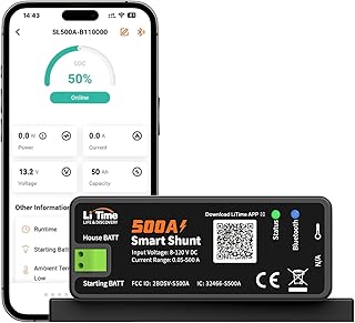 LiTime Smart Shunt 500A, Bluetooth Batteriemonitor 8V–120V mit SOC, Alarmen und Historischen Daten für Lithium-, LiFePO4-, AGM- und GEL-Batterien, für Wohnmobil, Boot und Heimspeicher
