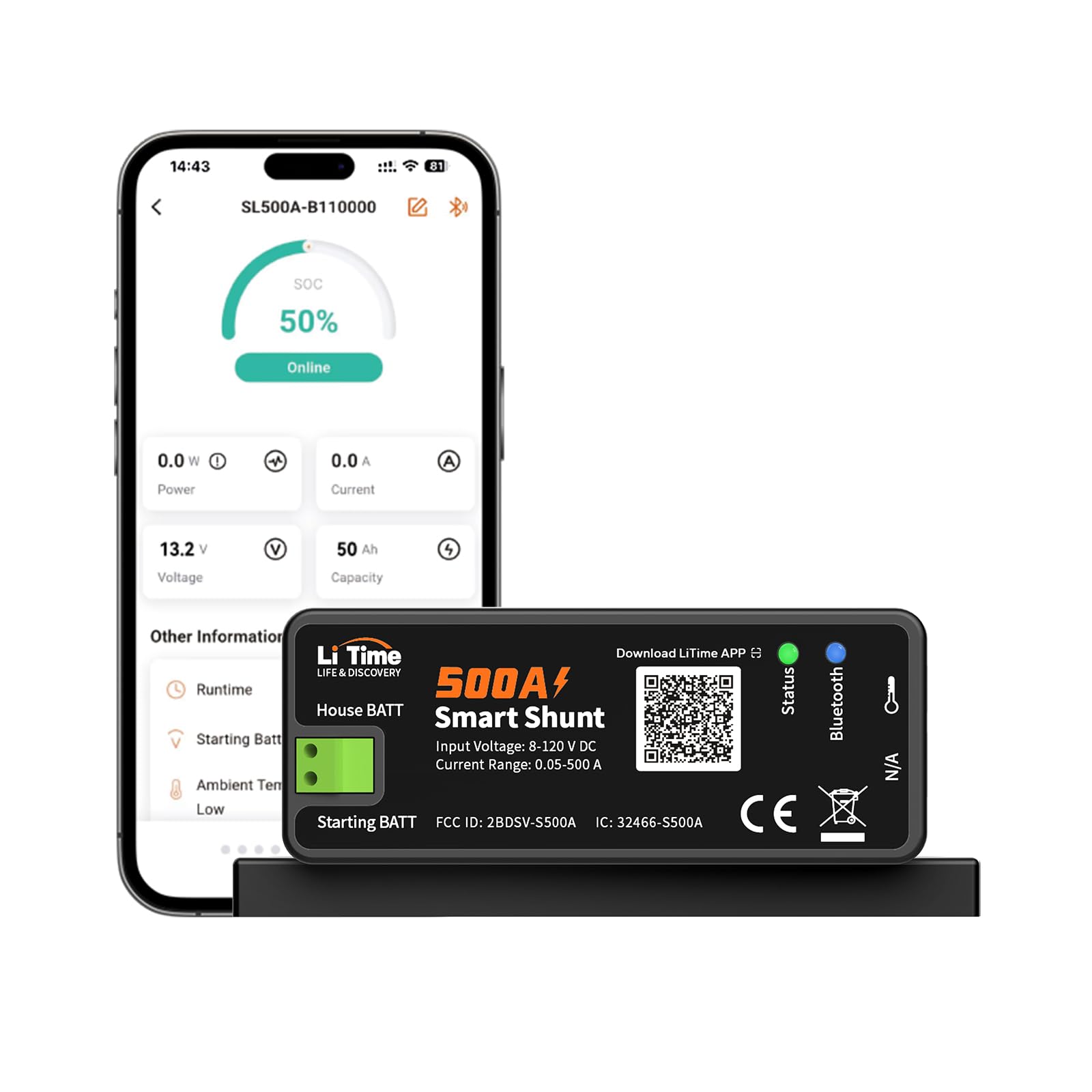LiTime Smart Shunt 500A, Monitor Batteria Bluetooth 8V-120V con SOC, Allarmi e Cronologia tramite App per Batterie Litio/LiFePO4, AGM, GEL, per Camper, Barca e Accumulo Domestico