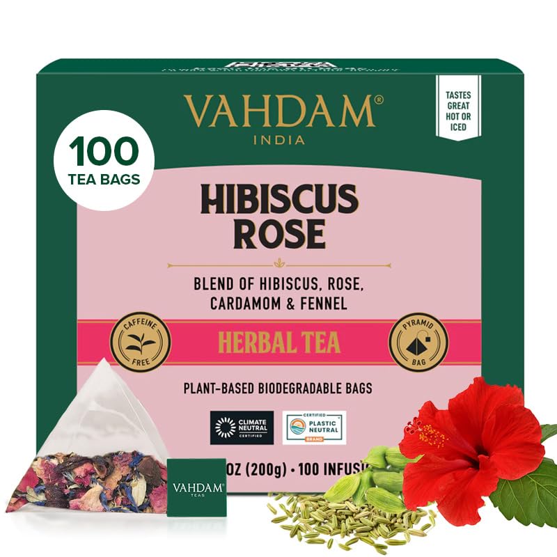 VAHDAM, Hibiscus Rose Tisana (100 Piramidales Bolsitas De Té) Té Floral Vegano, Sin Cafeína | Té Herbal De Flores De Hibisco Naturales | Tisana Floral/Infusión Afrutada
