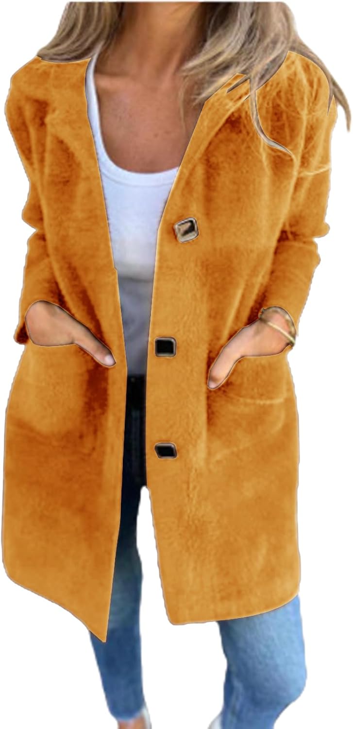 Wool Blend Pea Coat with Hood Casual Botton Down Jacket Long Cardigan Open Front Knit Dressy Chunky Lapel Sweaters