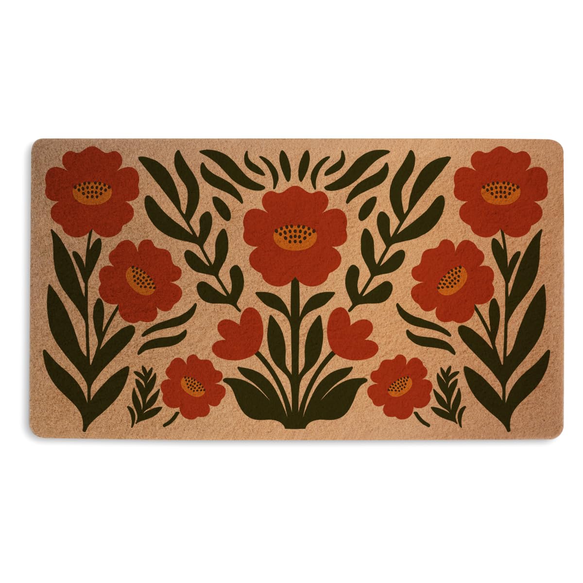 Retro Poppy Door Mat 18x30 Inch, Modern Floral Durable Welcome Mat for Outdoor Indoor Entryway Porch Bohemian Home Decor, Coco Coir Doormat with Heavy