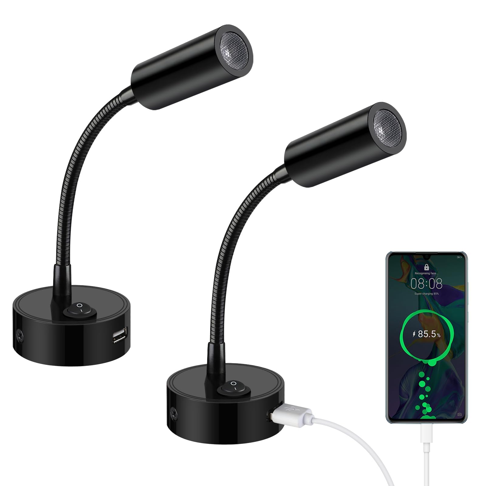 ERWEY 2er LED Leselampe 12V Wohnmobil mit Flexible Schwanenhals und USB-Ladeanschluss 3000K Warmweiß DC 12V-24V Spot für Boot Wohnwagen Innenbeleuchtung Yacht, Fest verdrahtet Wandmontage