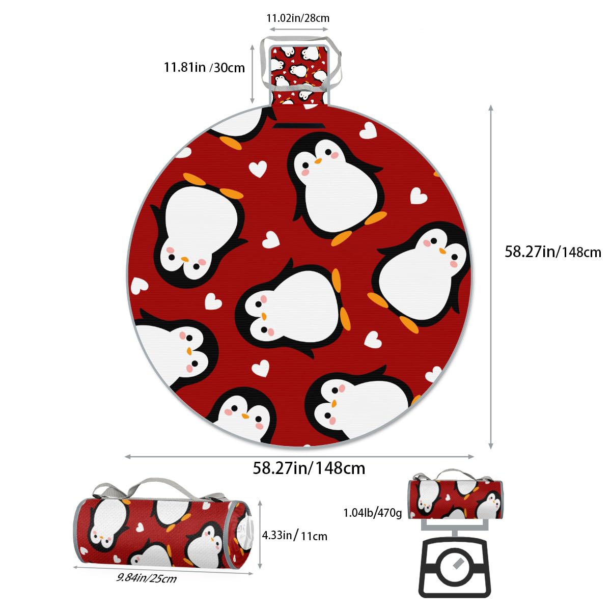 Shimoshe Love Penguin Picnic Outdoor Blanket Foldable Waterproof Sandproof Beach Blanket Portable Water-Resistant Round Picnic Mat for Travel Camping Park Lawn