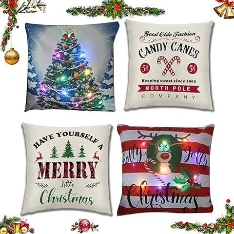 4 Piezas Cojines de Navidad Sofa de Luz LED Fundas Navideñas para Cojines de Lino Sofá Cover