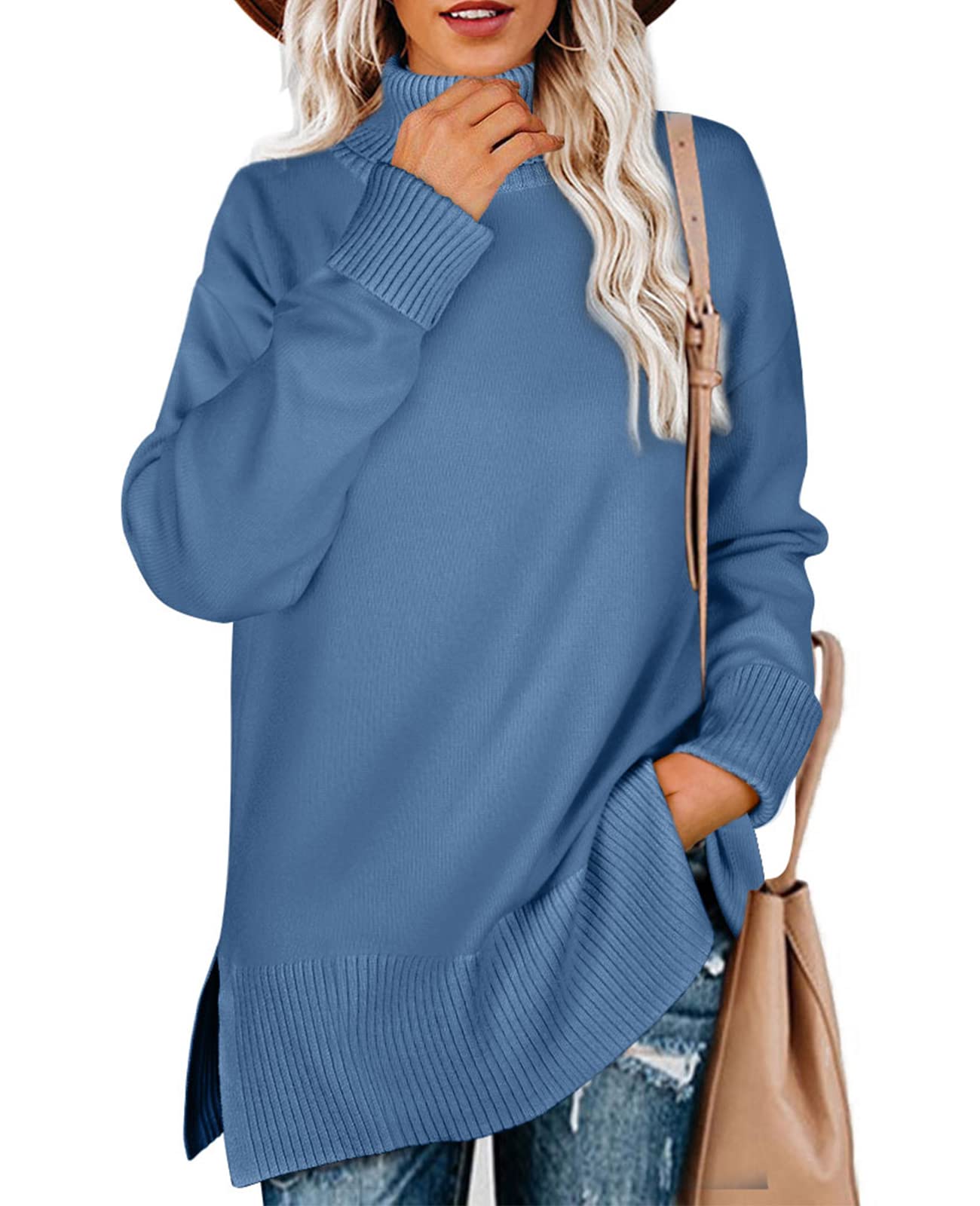 Glanzition Sweaters for Women Turtleneck Side Split Oversized Pullover Tops
