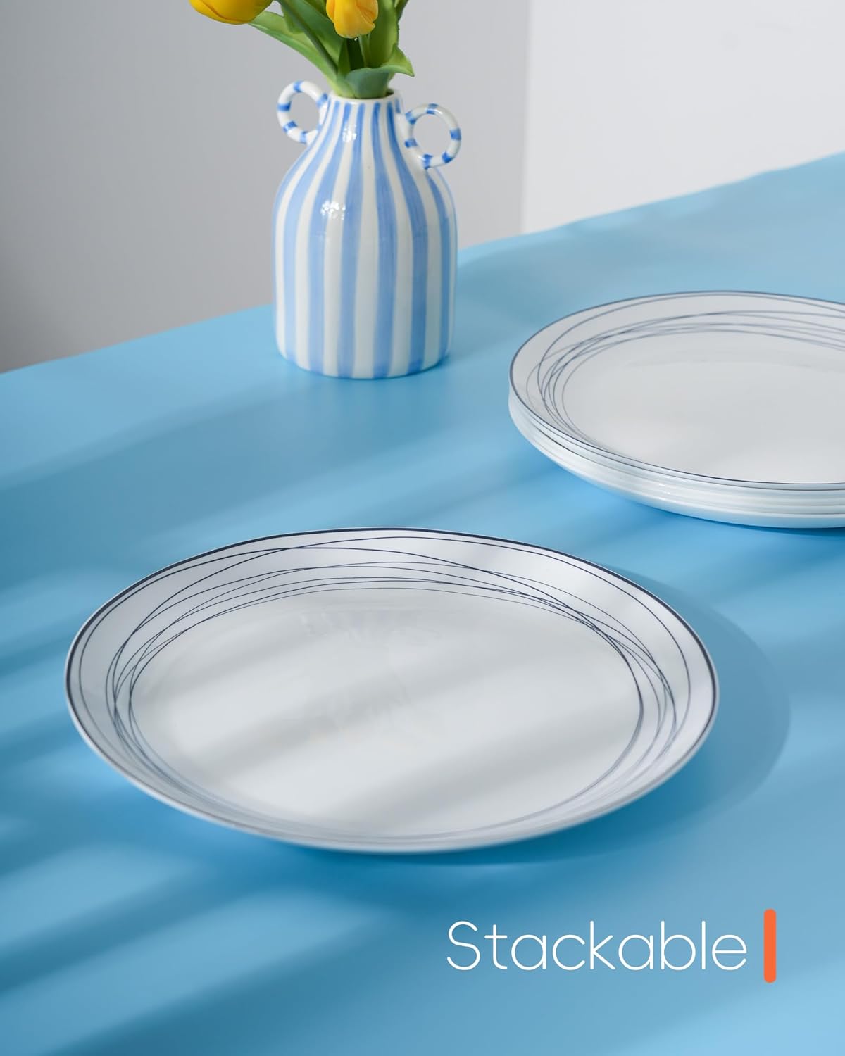 LaGlint 10.5 inch Dinner Plate Set of 6, Lightweight Round Opal Glass Dinnerware Plates, Dishwasher and Microwave Safe, Blue Modern Geometric Design