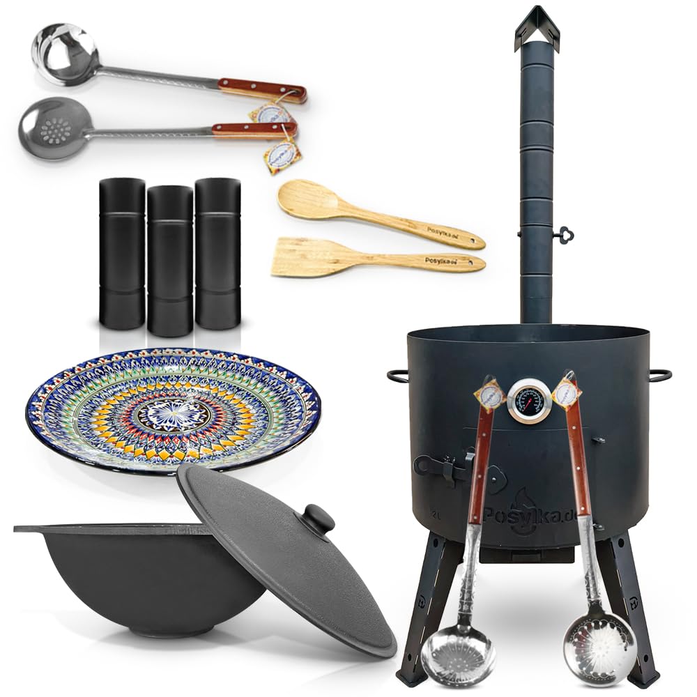 Utschak Feuerofen mit Thermometer Schornsteinverlängerung, Gusseisen Topf flacher Boden mit Deckel (22 L) Schaumlöffel, Schöpfkelle, Holzlöffel, Holzspachtel, Lagan KazanoFF, Учаг, Kazan (Set 6)